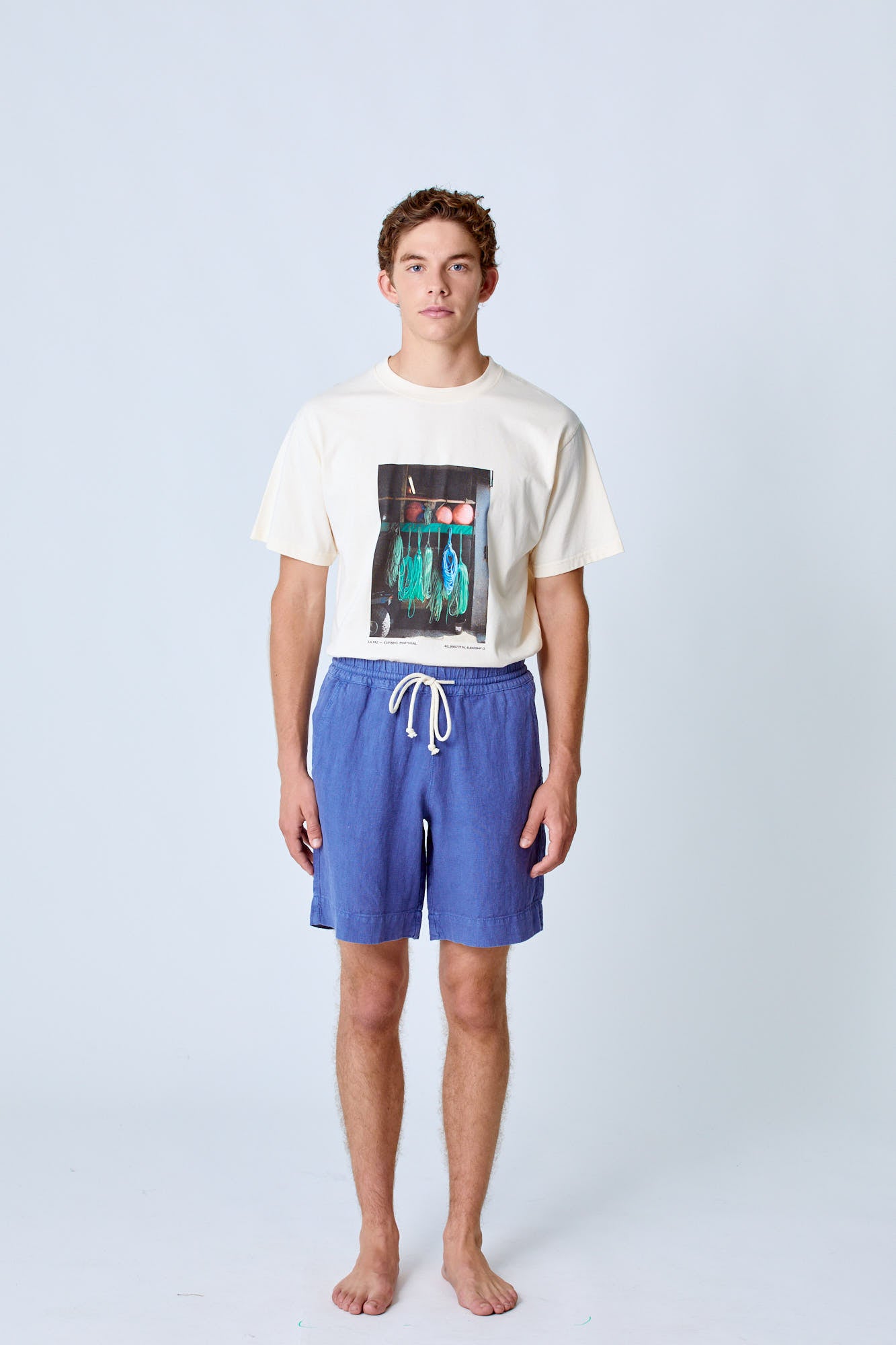 Blue Pestana Linen Lounge Shorts by La Paz, showing relaxed fit and lightweight linen fabric, perfect for casual comfort.