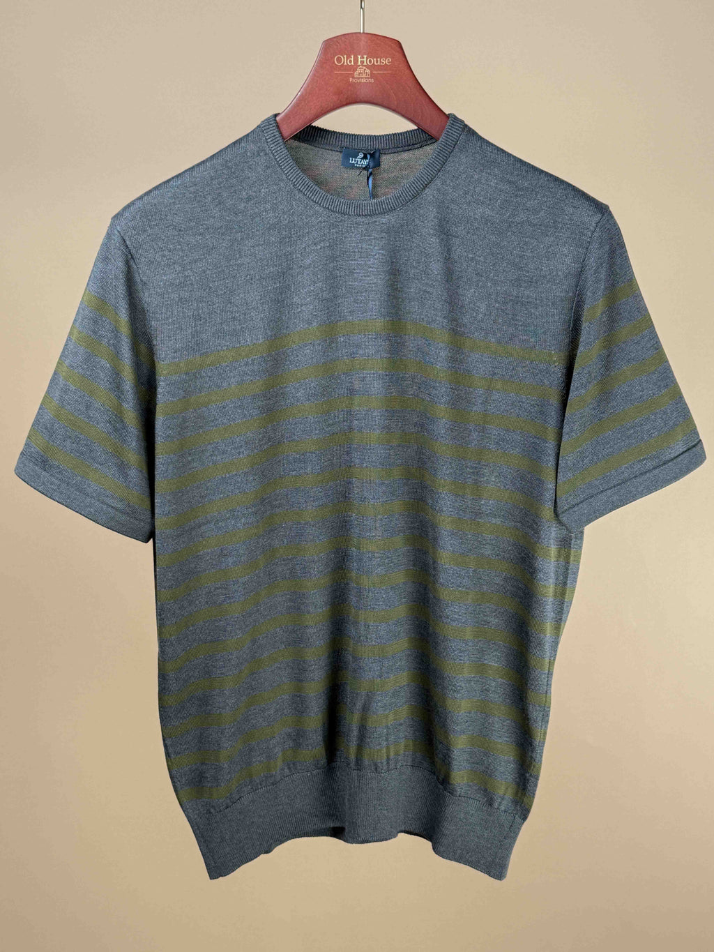 Lutays Intermède Silk Knitted T-Shirt in gray and green, showcasing a stylish, soft fabric clothing piece with a relaxed fit.