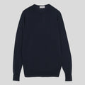 Navy crew neck sweater by John Smedley displayed on a model, showcasing a classic fit and smooth knit fabric.
