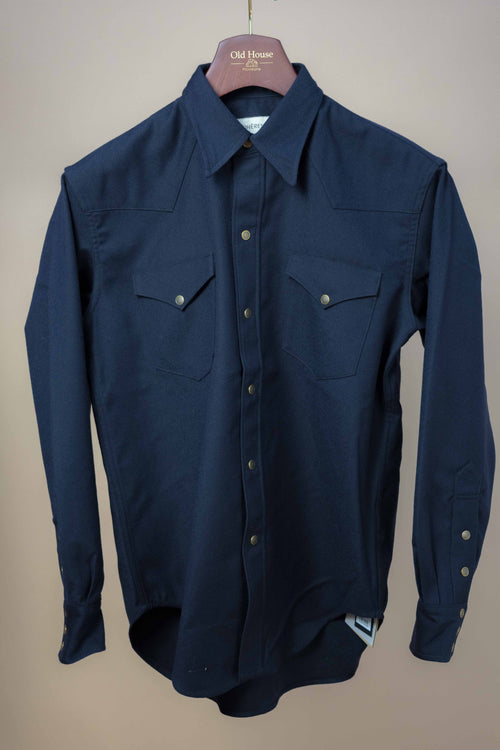 Dark blue Cohérence Abiquiu Western shirt with rover wool twill fabric, button-up style, and classic Western design.