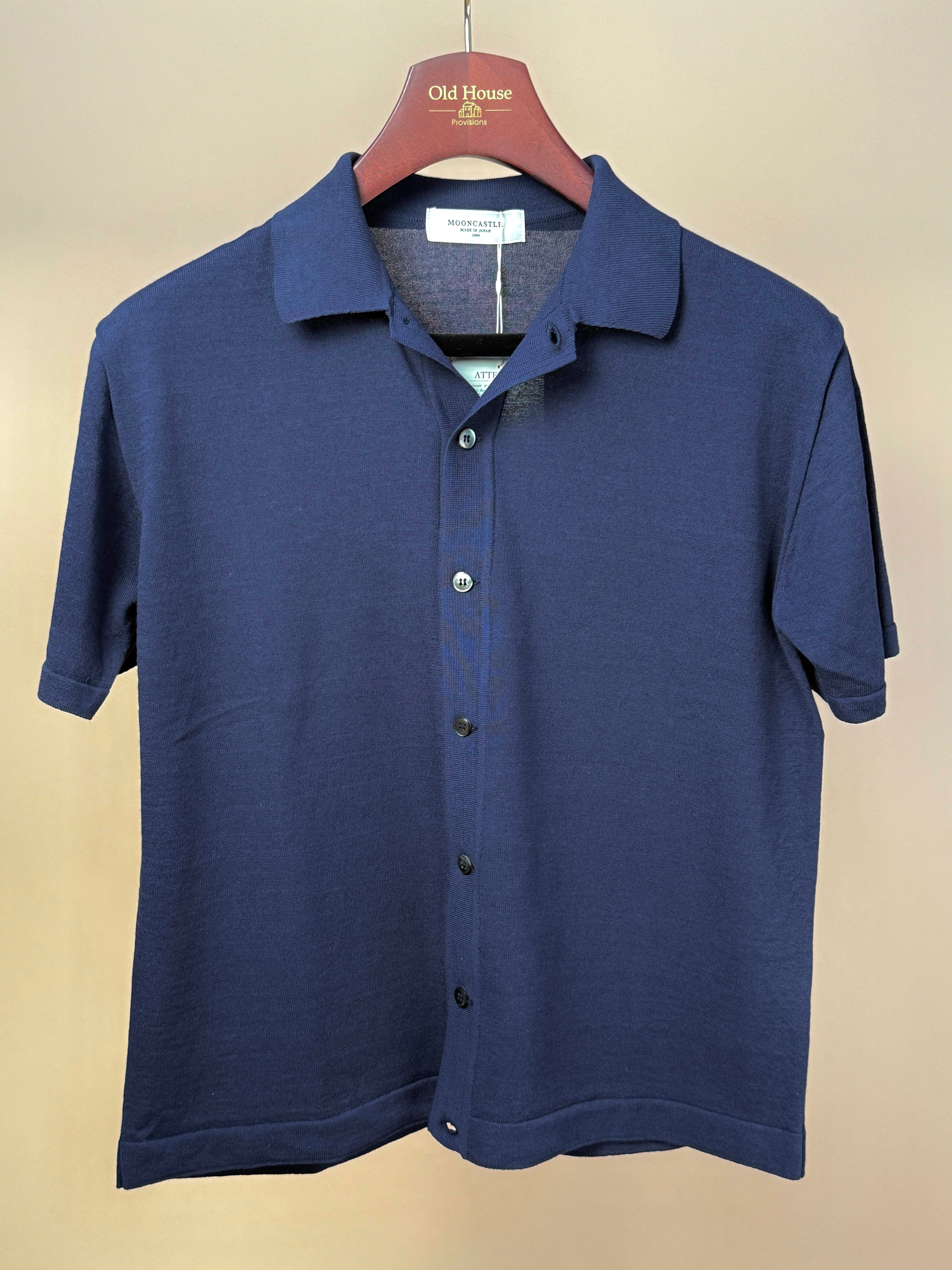 Navy Ice Cotton Knitted Button-Up Shirt by MoonCastle, featuring a full placket and classic collar, displayed on a hanger.