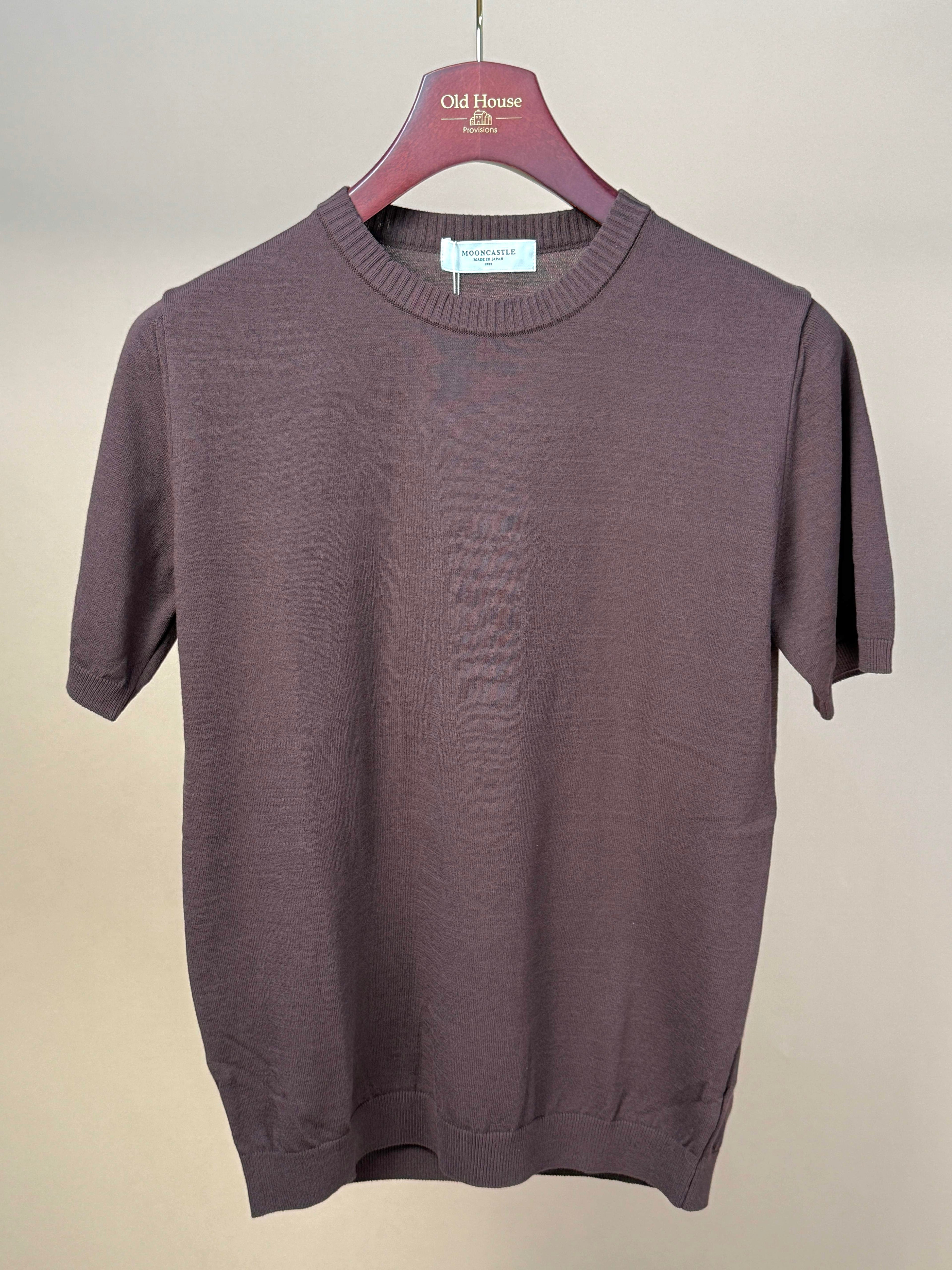 Brown Ice Cotton Knitted T-Shirt by MoonCastle, close-up of soft, textured fabric and relaxed fit on a model.