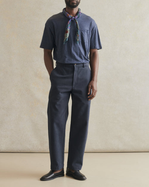 Navy Balloon Trousers in heavy cotton drill fabric by De Bonne Facture, featuring a relaxed fit and stylish design.