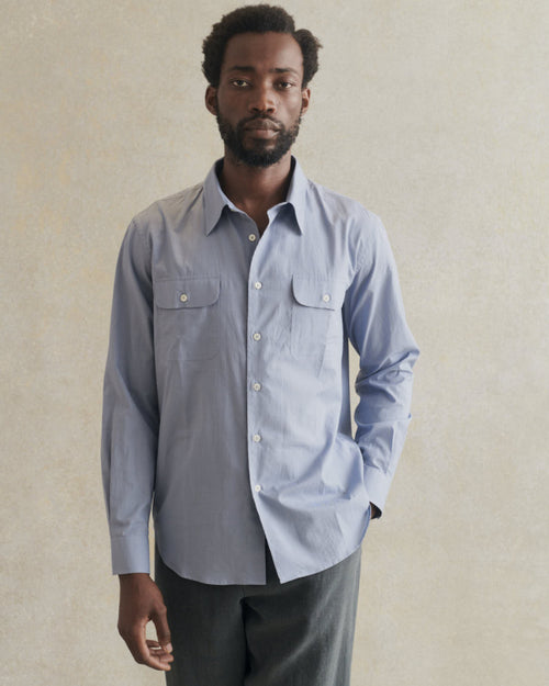 De Bonne Facture artist shirt in washed cotton voile, blue, with relaxed fit and lightweight fabric, ideal for casual wear.