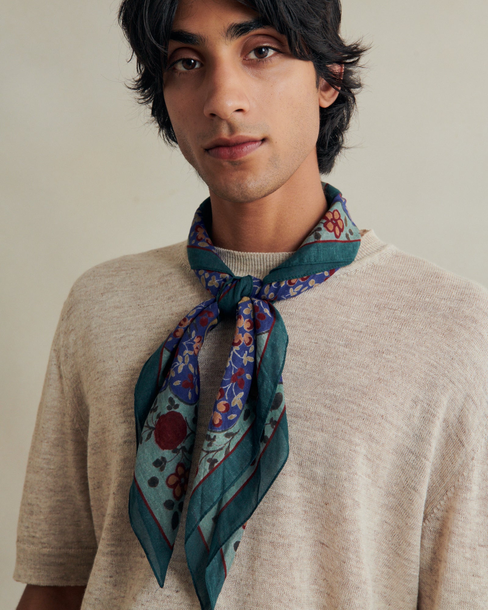 Green cotton voile Ispahan Folk Pattern bandana by De Bonne Facture, showcasing intricate folk-inspired design and soft fabric.