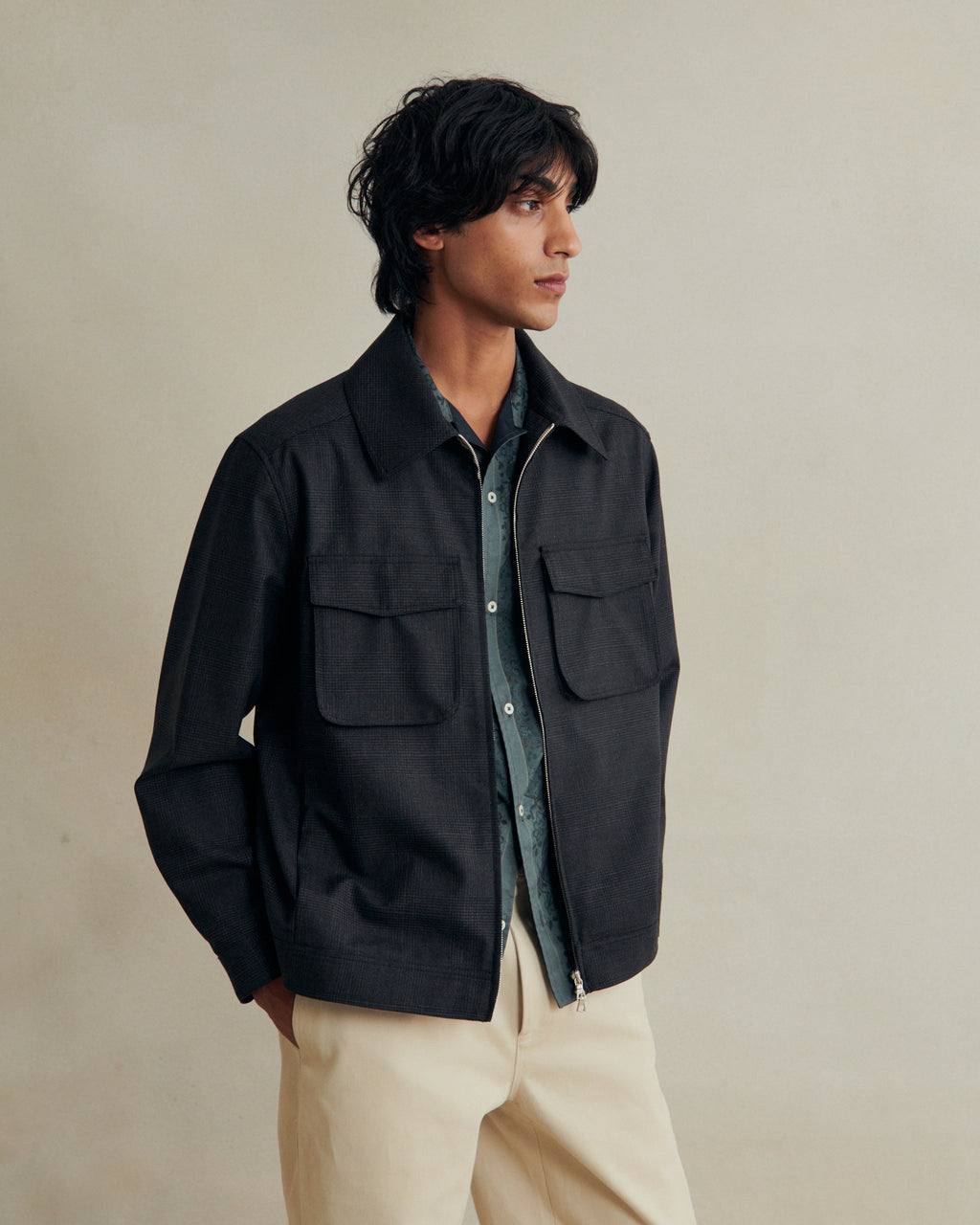 Anthracite Prince of Wales wool student jacket by De Bonne Facture, featuring a classic design and tailored fit.