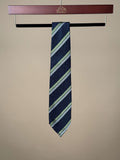 Paolo Albizzati navy and green striped silk untipped tie, showcasing the elegant pattern and smooth fabric texture.