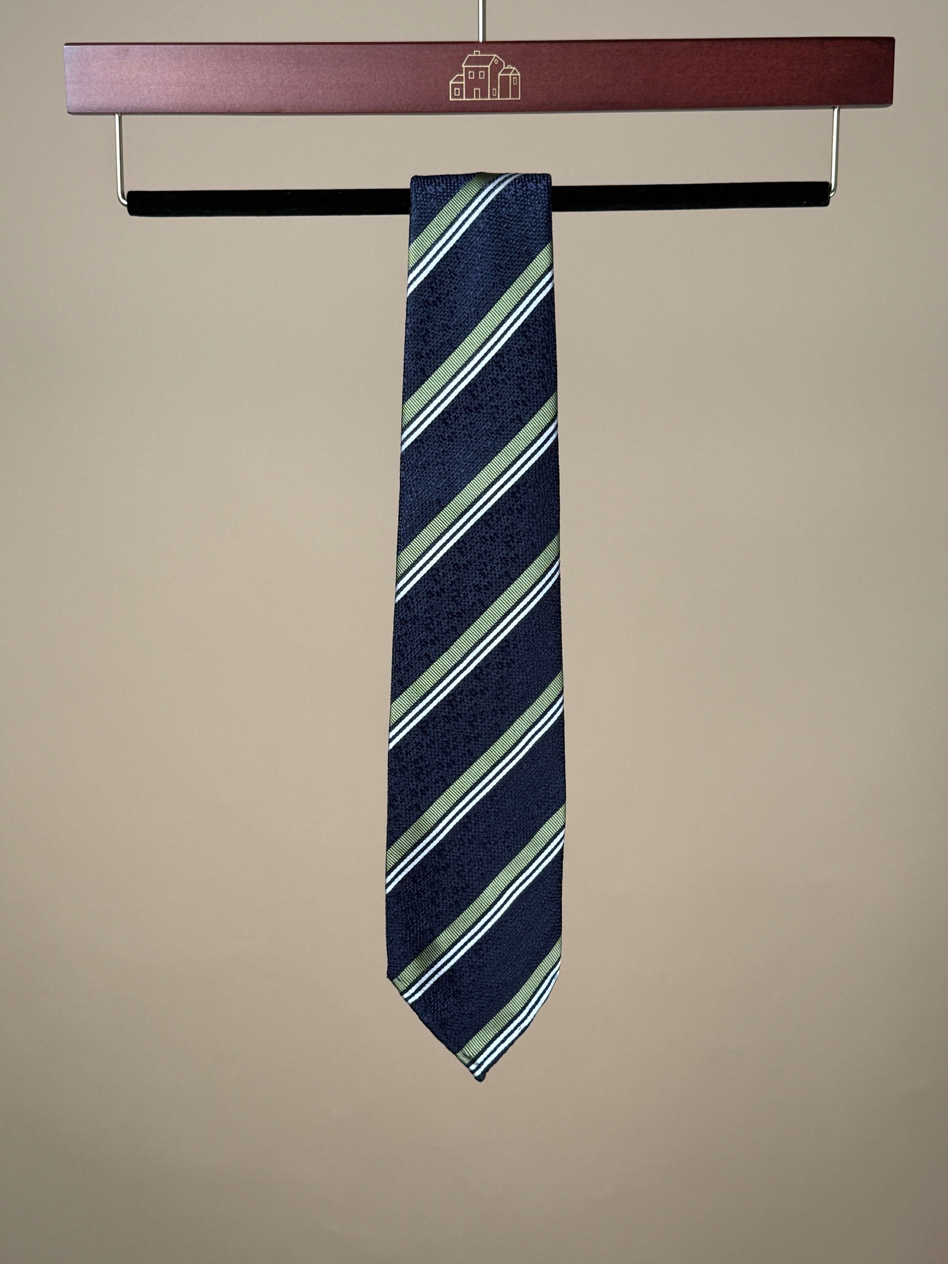 Paolo Albizzati navy and green striped silk untipped tie, showcasing the elegant pattern and smooth fabric texture.