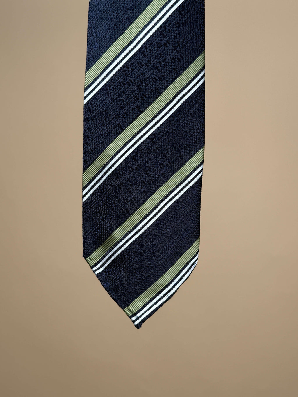 Navy and green striped silk untipped tie by Paolo Albizzati, showcasing elegant accessories for formal or business wear.