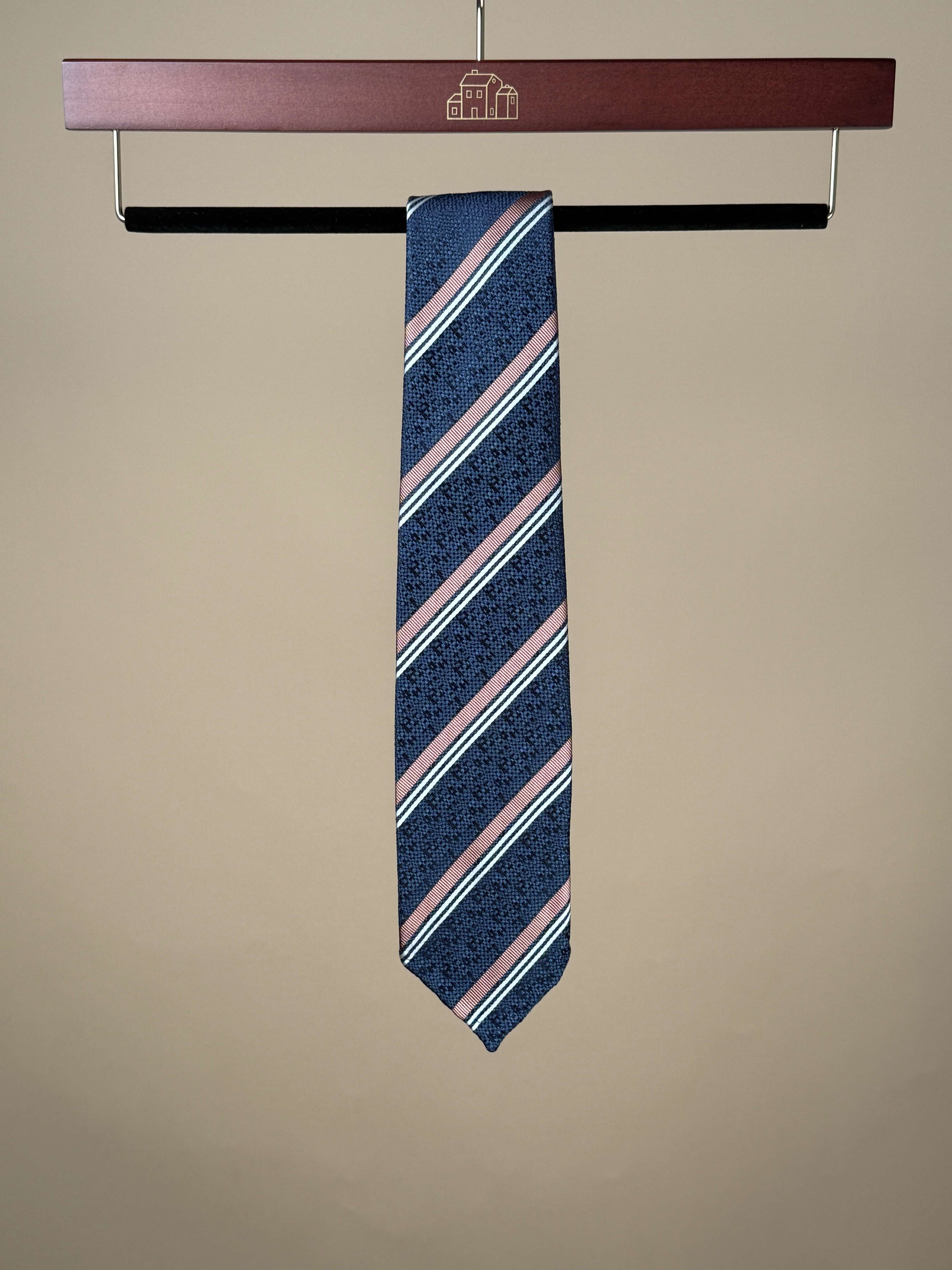 Paolo Albizzati blue and salmon striped silk untipped tie, with vibrant alternating colors, displayed on a plain background.
