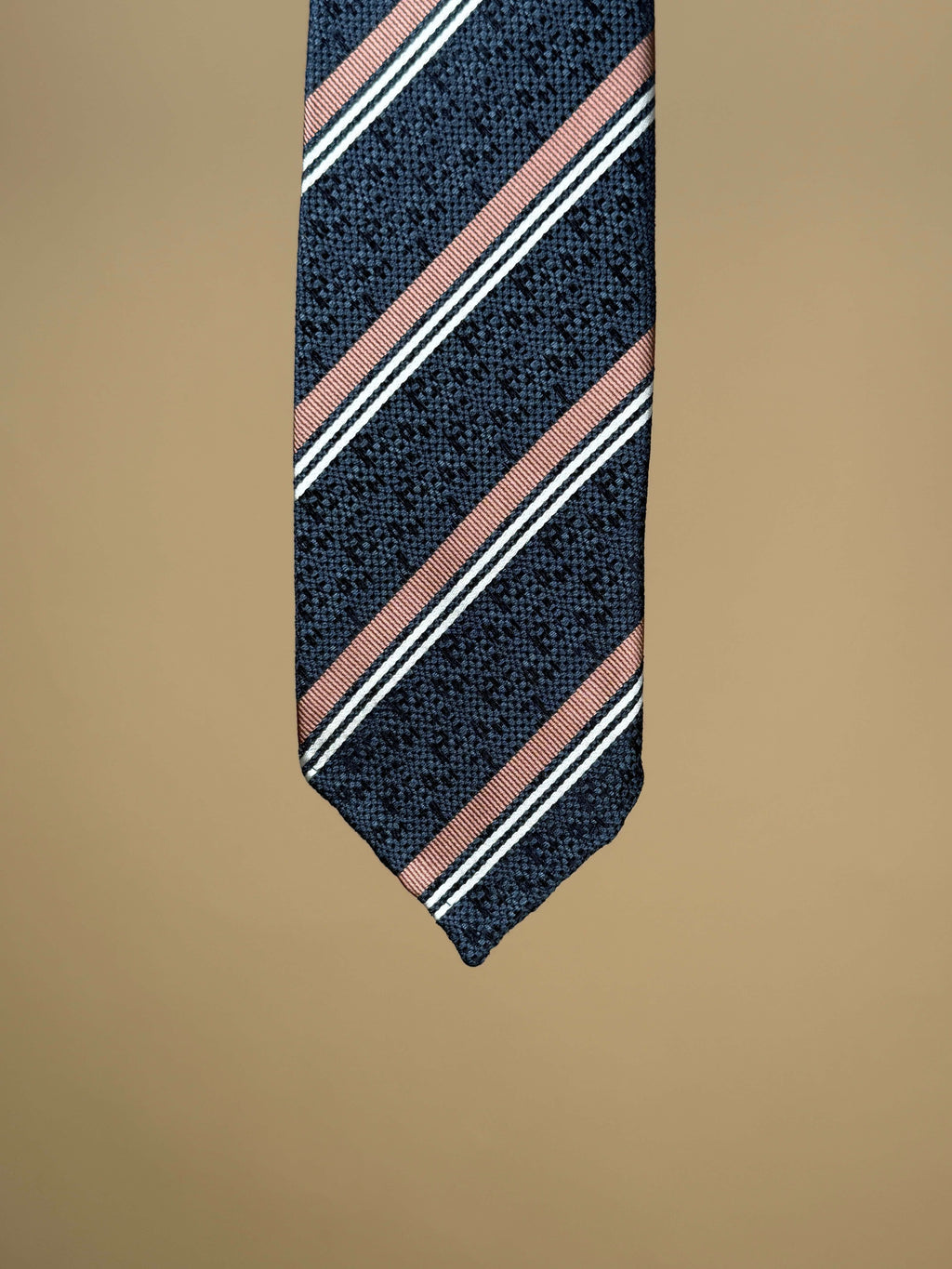 Blue and salmon striped silk untipped tie by Paolo Albizzati, showcasing elegant silk fabric and classic striped pattern.