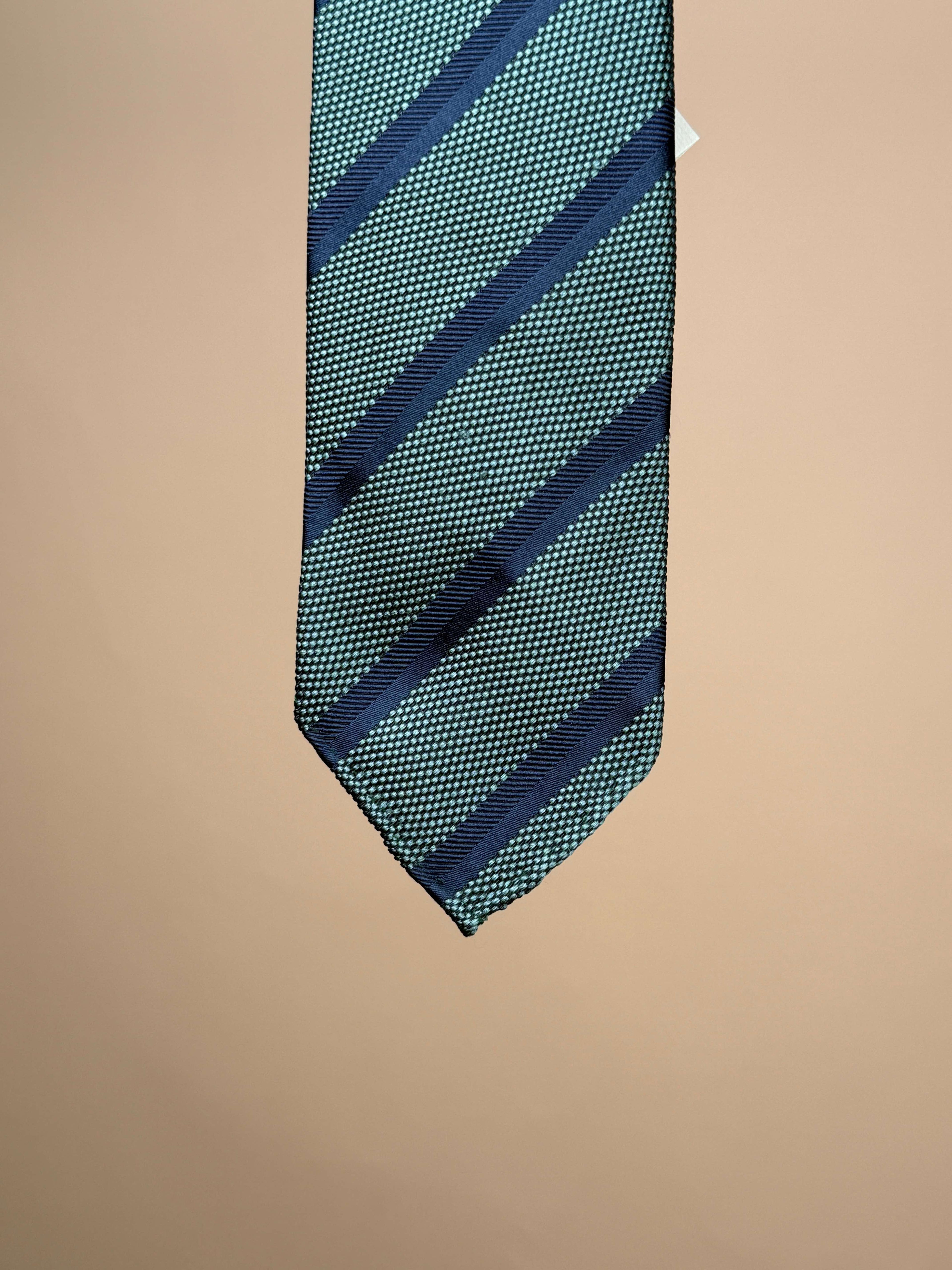 Striped Basket Weave Silk Untipped Tie - Green/Navy