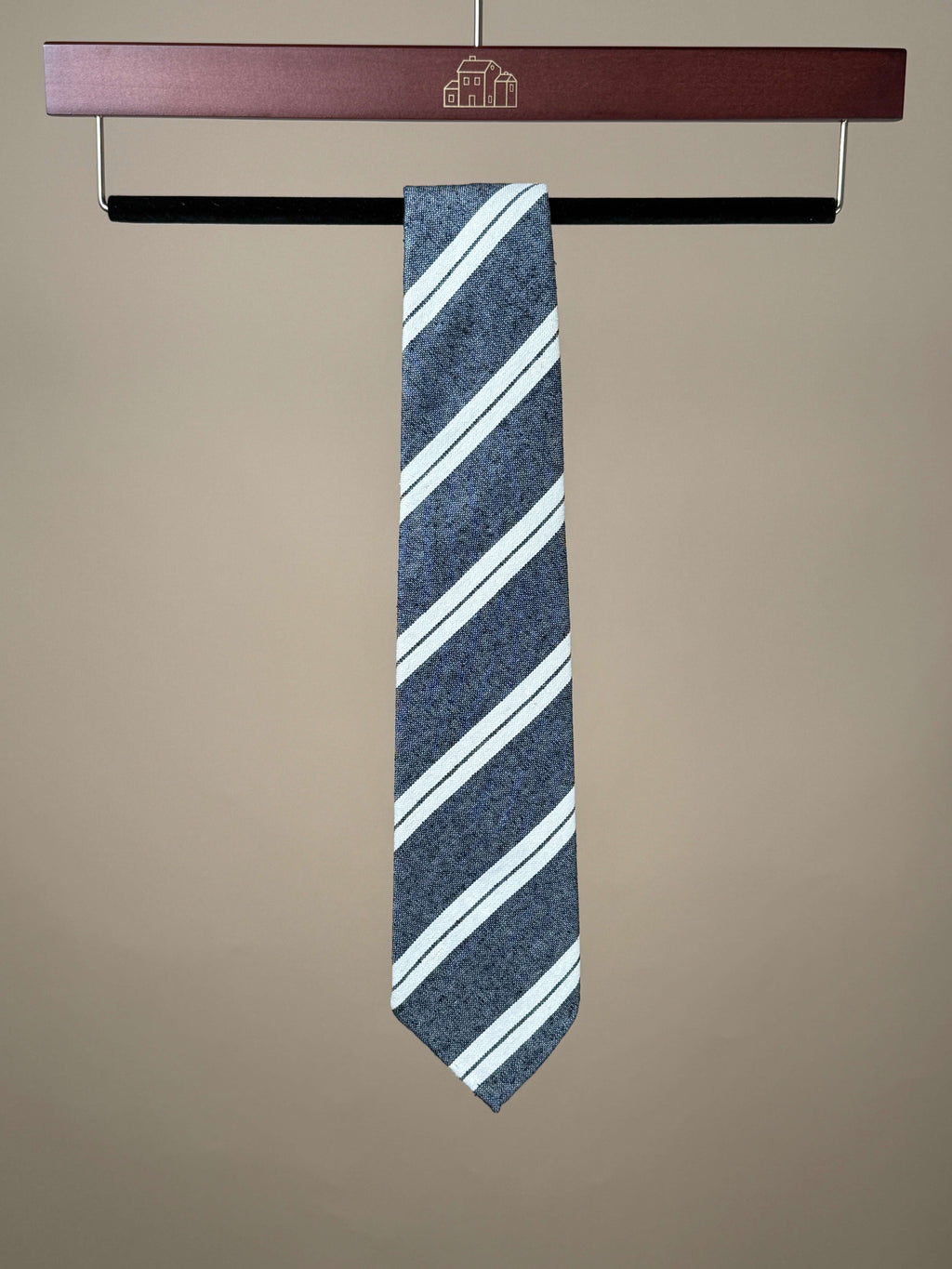 Navy double stripe slub silk untipped tie by Paolo Albizzati, showcasing elegant accessory design with subtle stripe pattern.