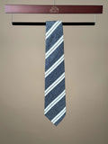 Navy double stripe slub silk untipped tie by Paolo Albizzati, showcasing elegant accessory design with subtle stripe pattern.