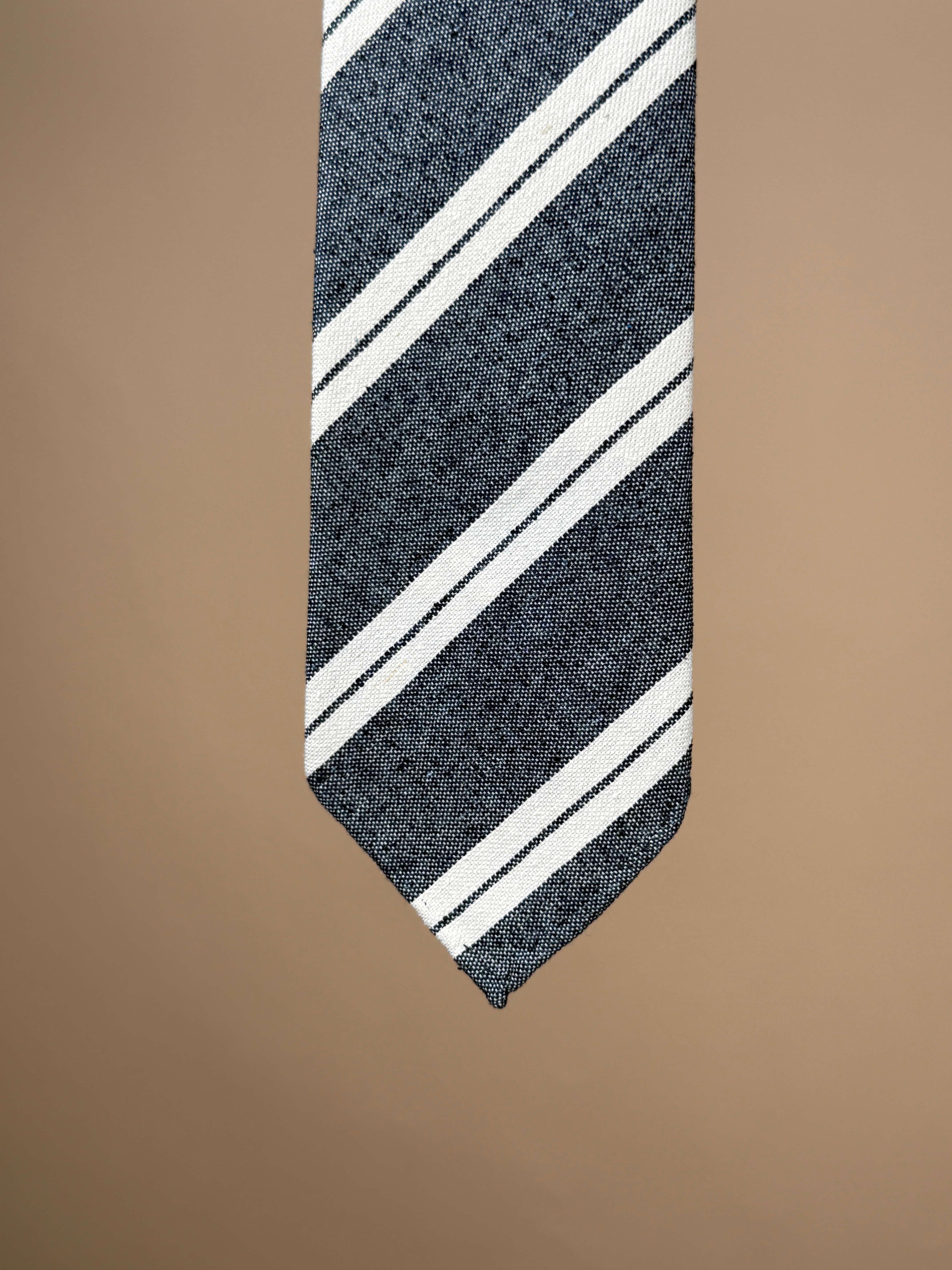 Double Stripe Slub Silk Untipped Tie - Navy
