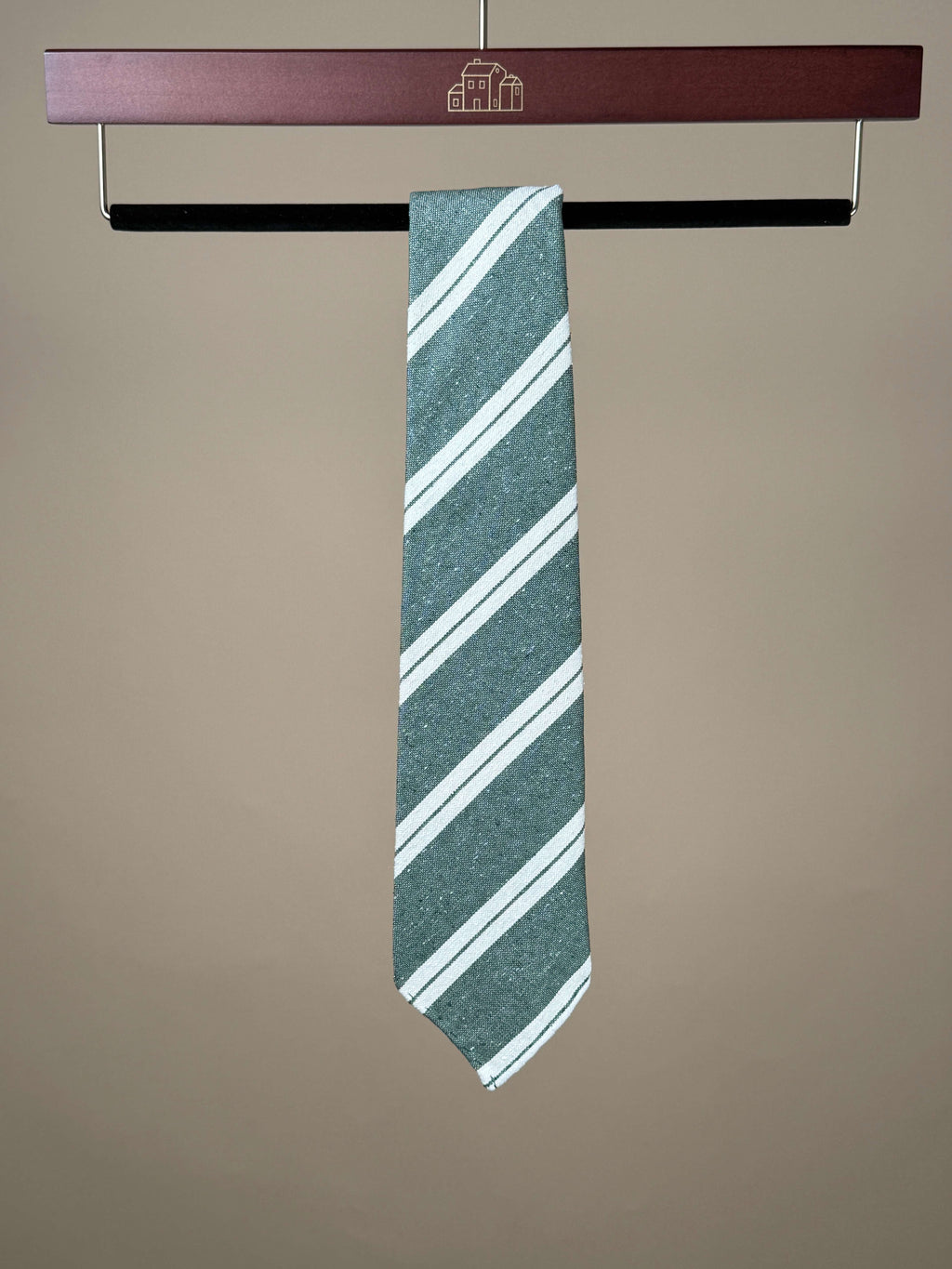 Green double stripe slub silk untipped tie by Paolo Albizzati, showcasing its textured fabric and classic design.