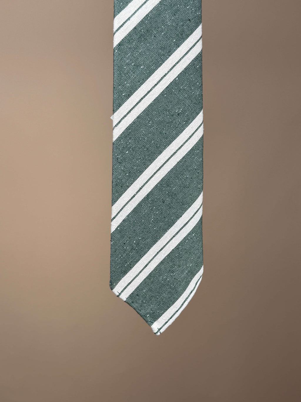 Green double stripe slub silk untipped tie by Paolo Albizzati, showcasing its textured fabric and classic pattern.