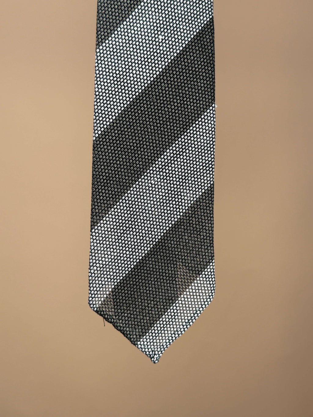 Olive silk tie with wide red and green stripes by Paolo Albizzati, showcasing its elegant untipped design and smooth texture.