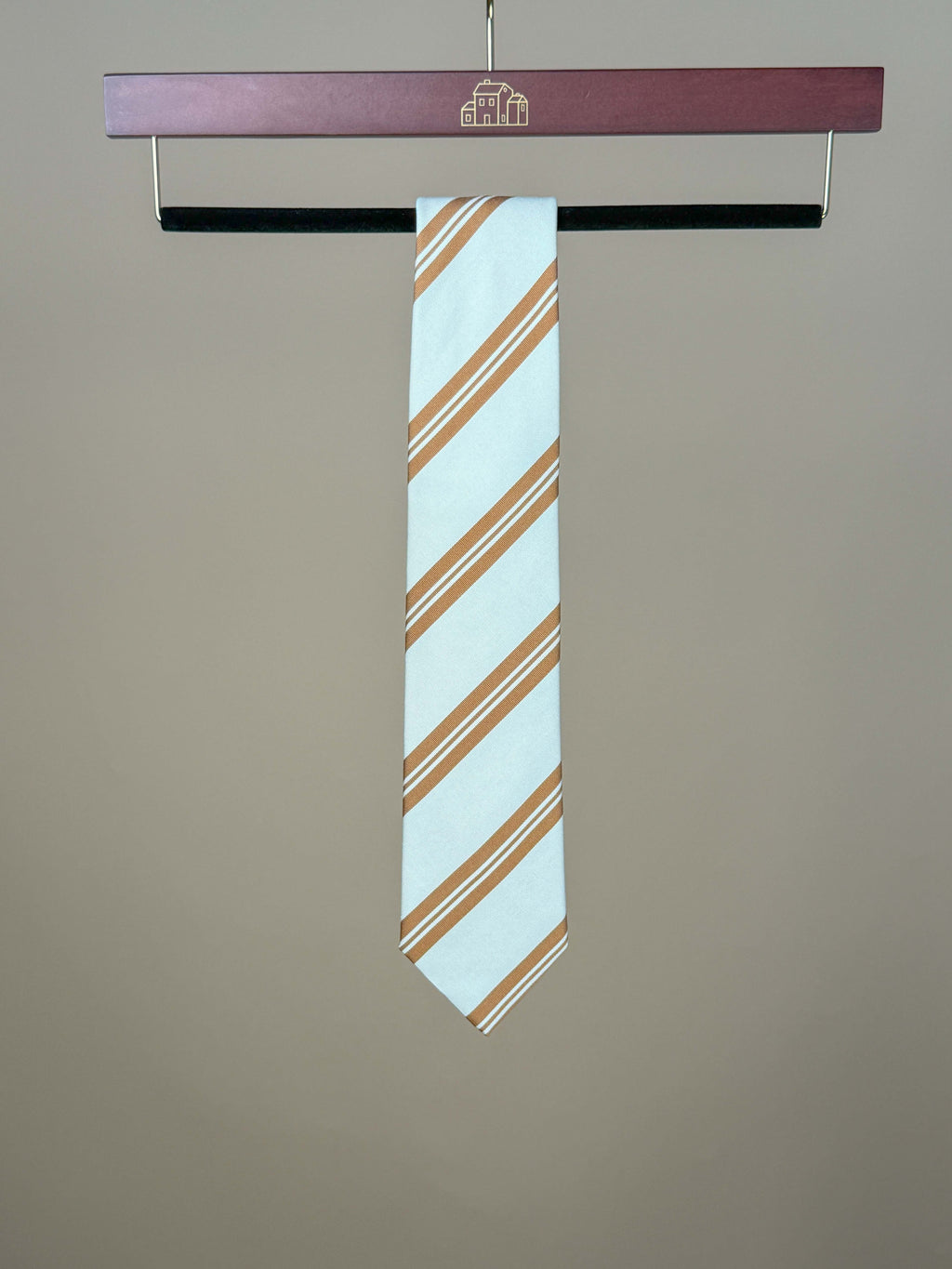 Striped Silk Tipped Tie - White/Toffee