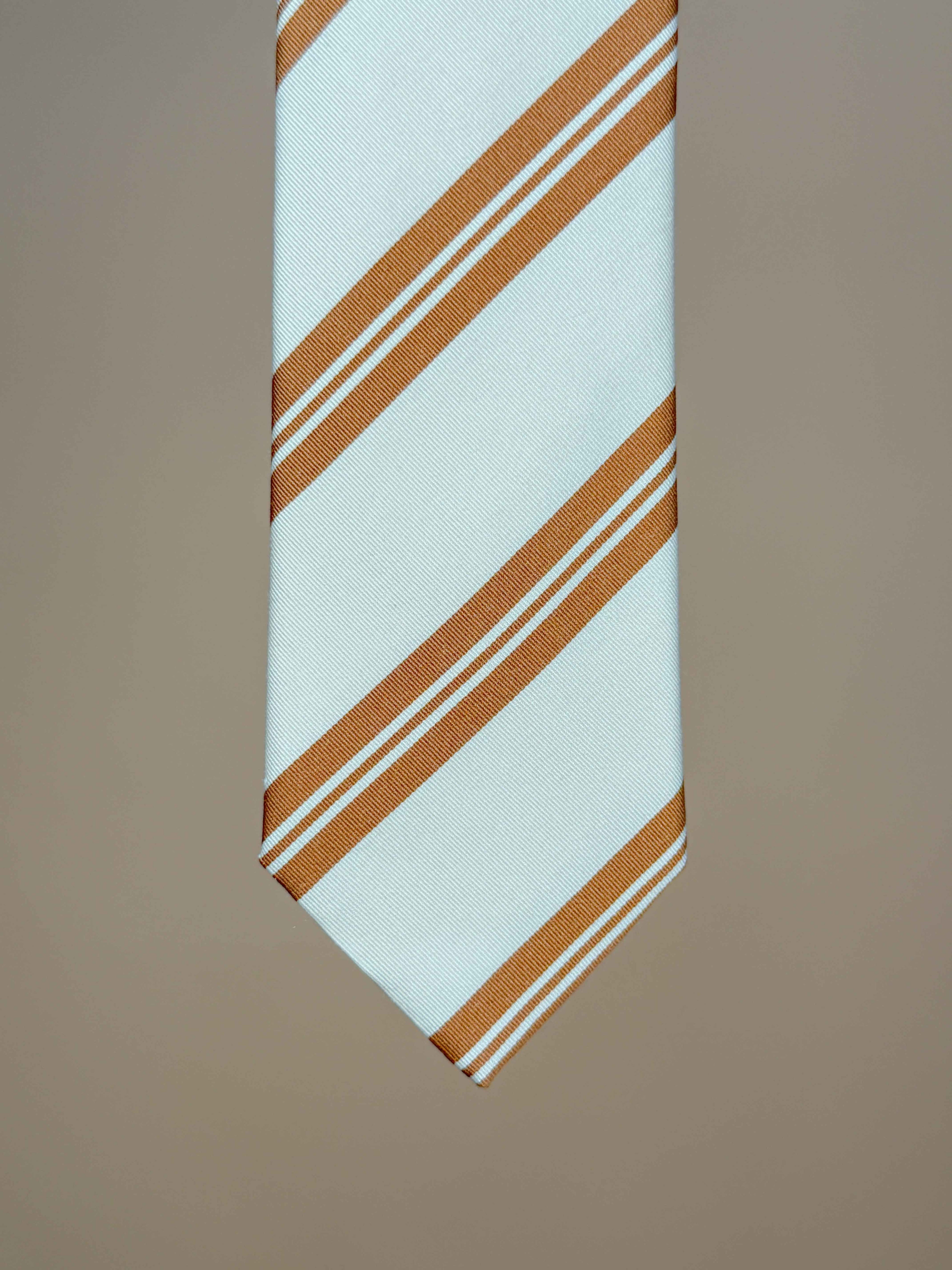 Striped Silk Tipped Tie - White/Toffee