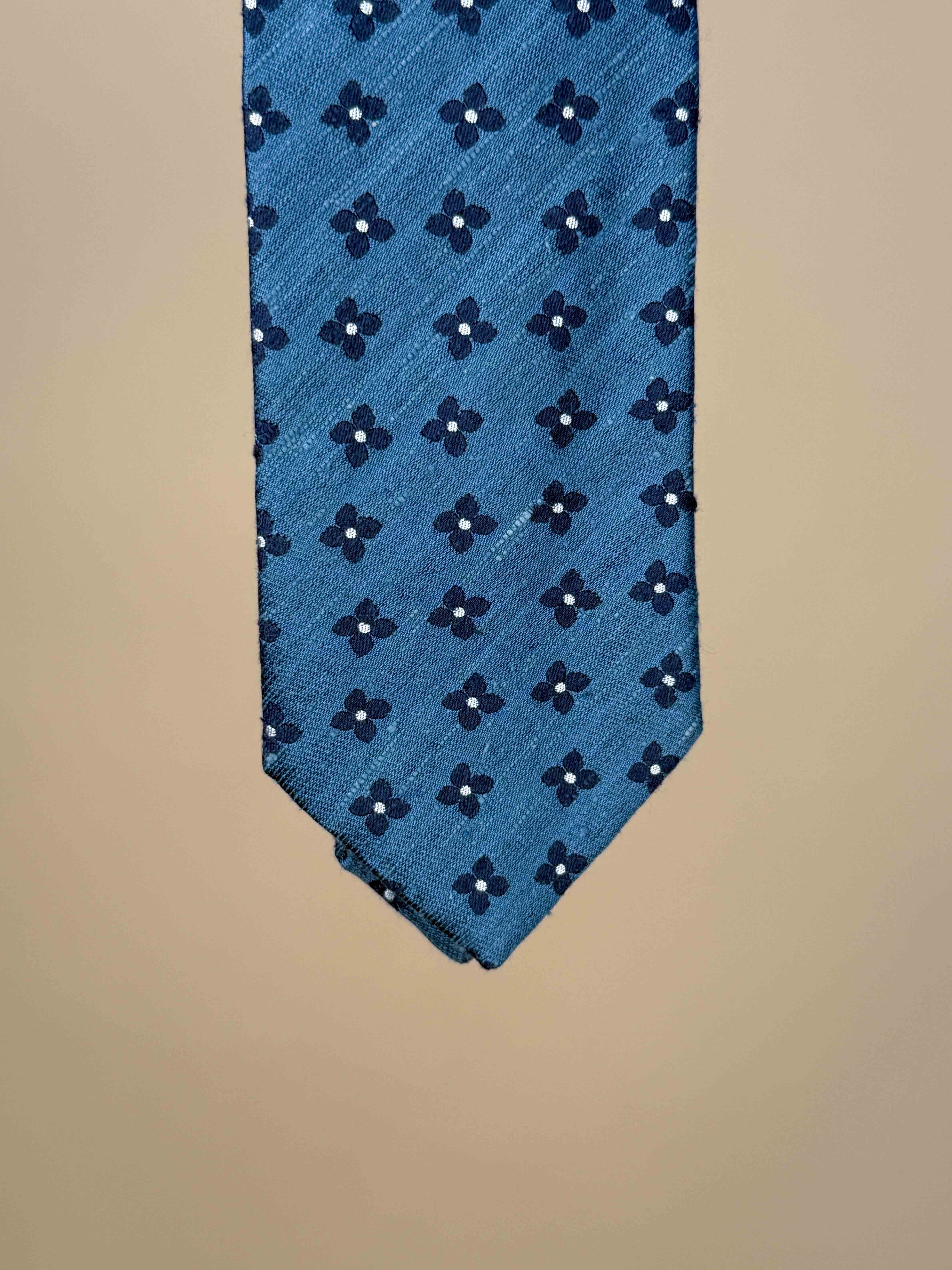 Flower Motif Slub Silk Tipped Tie - Blue