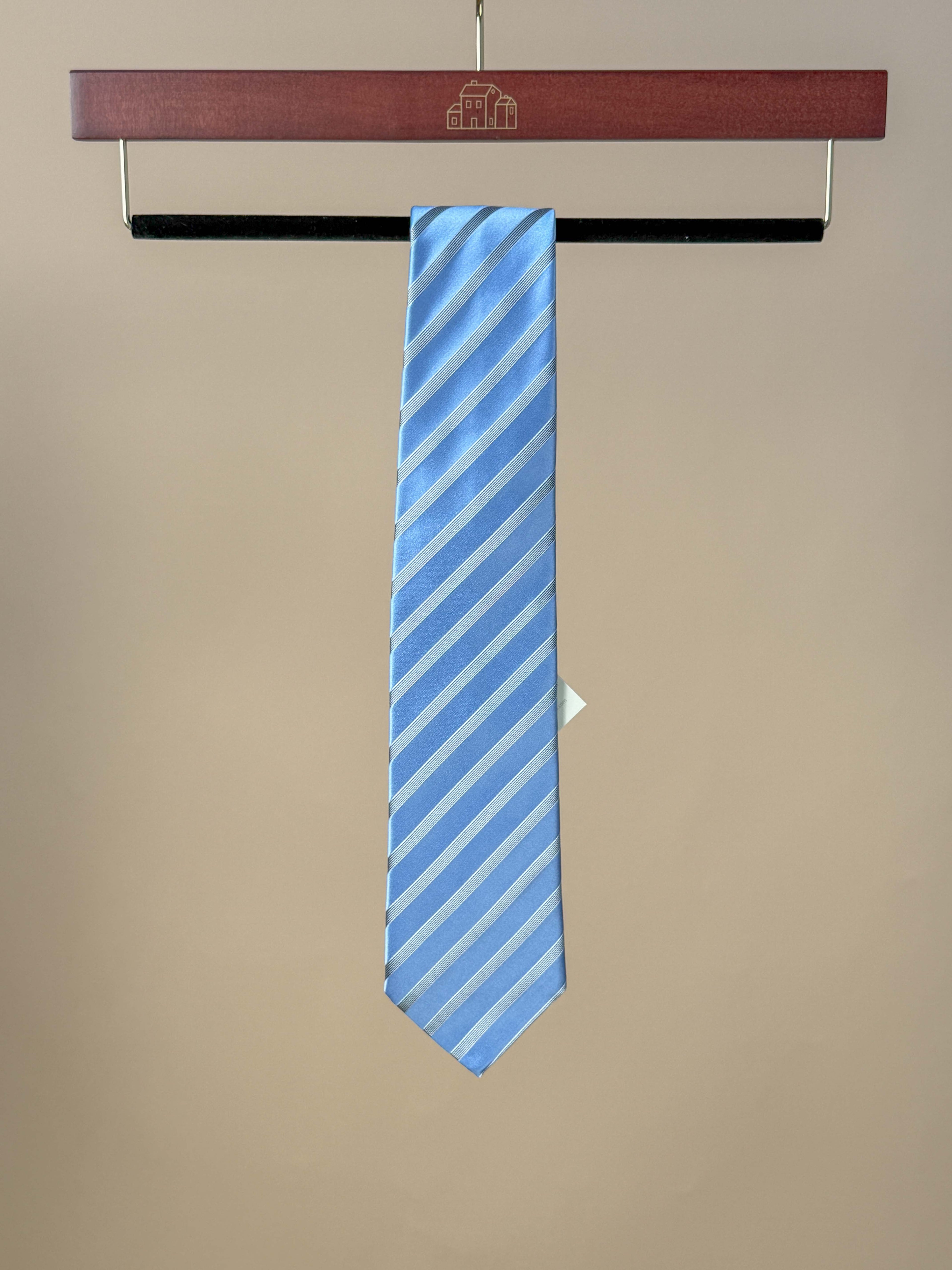 Striped Satin Silk Tipped Tie - Light Blue