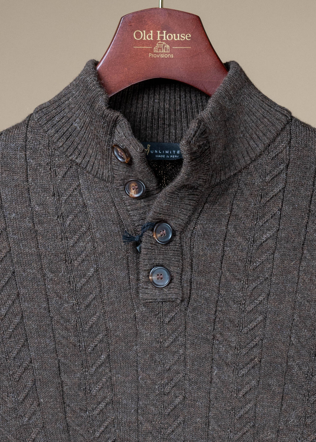 Royal Alpaca Cable Knit Button Collar Sweater - Brown