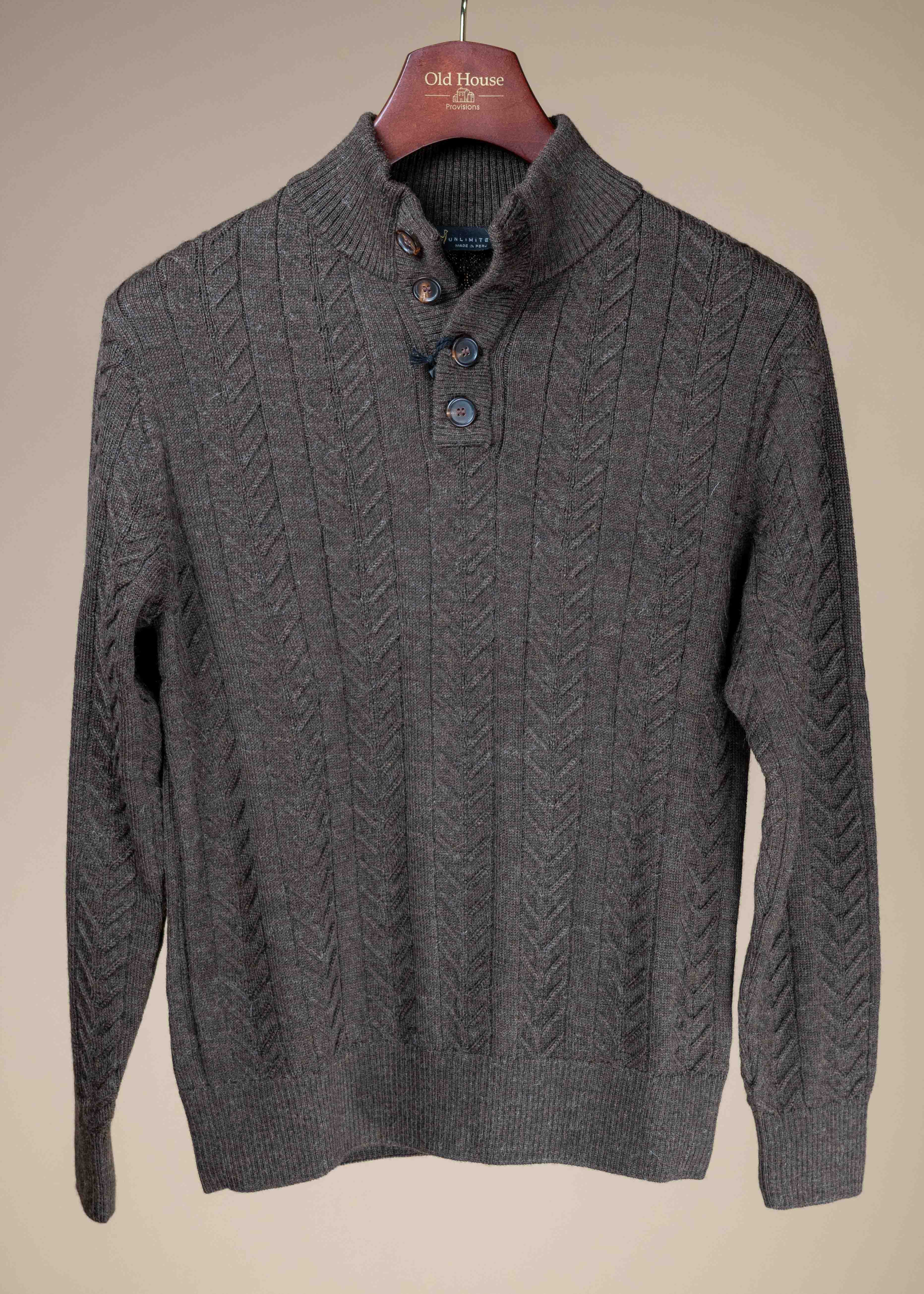 Royal Alpaca Cable Knit Button Collar Sweater - Brown