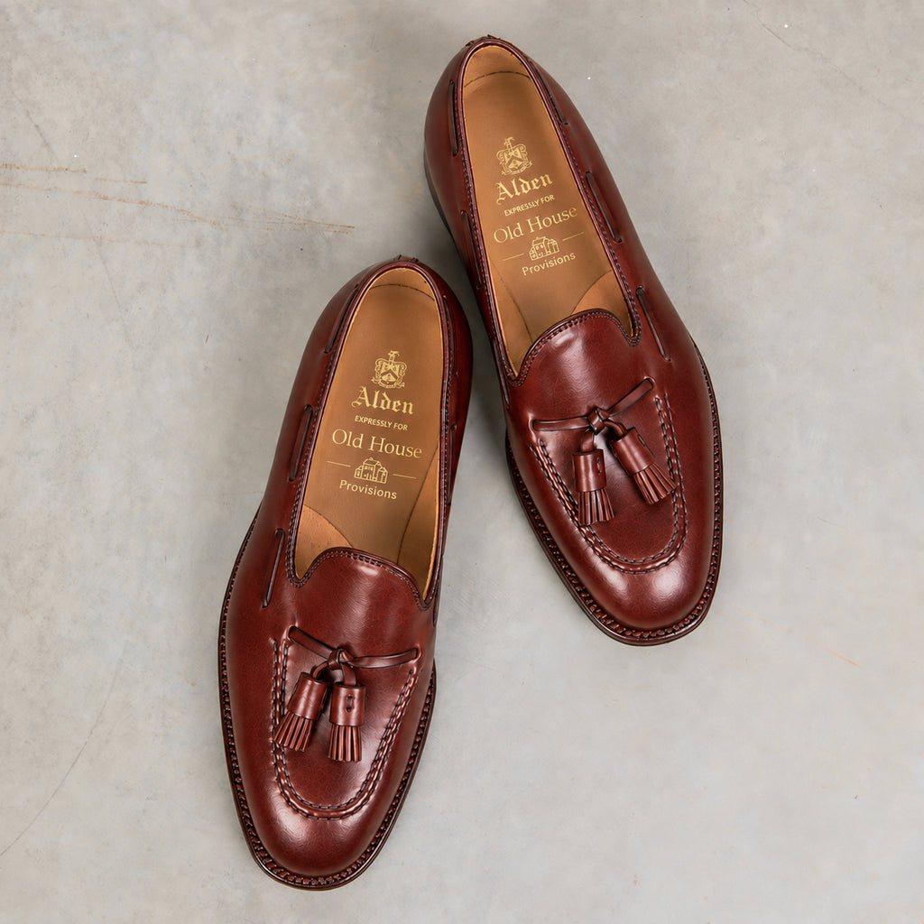 Alden handsewn Plaza tassel loafer in walnut Michigan calf leather, special makeup footwear.