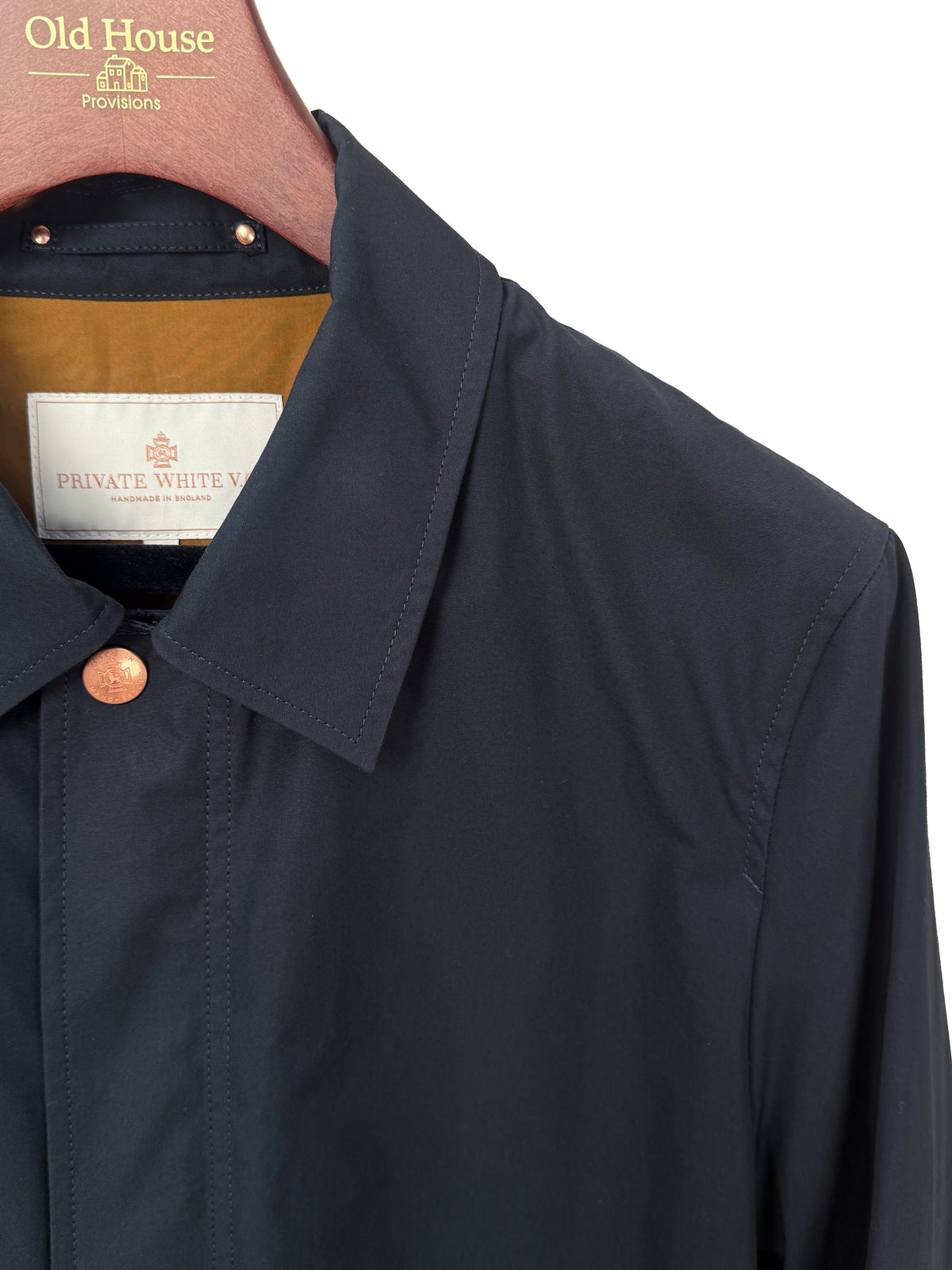 Private White V.C. Jack's Mac Raincoat in Ink, a stylish waterproof clothing item with a sleek design and classic fit.
