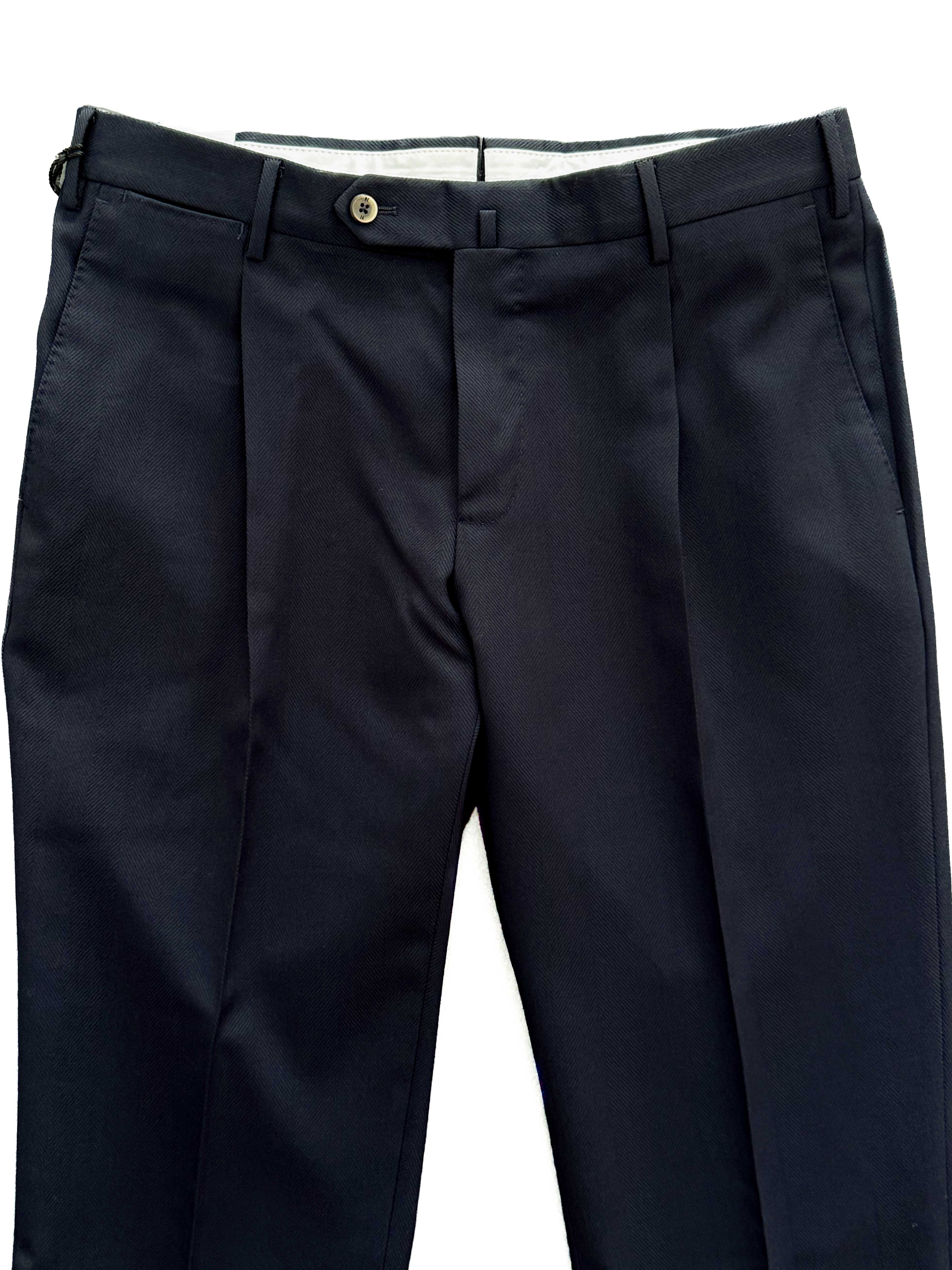 Wool Cashmere Silk Herringbone Trousers - Navy