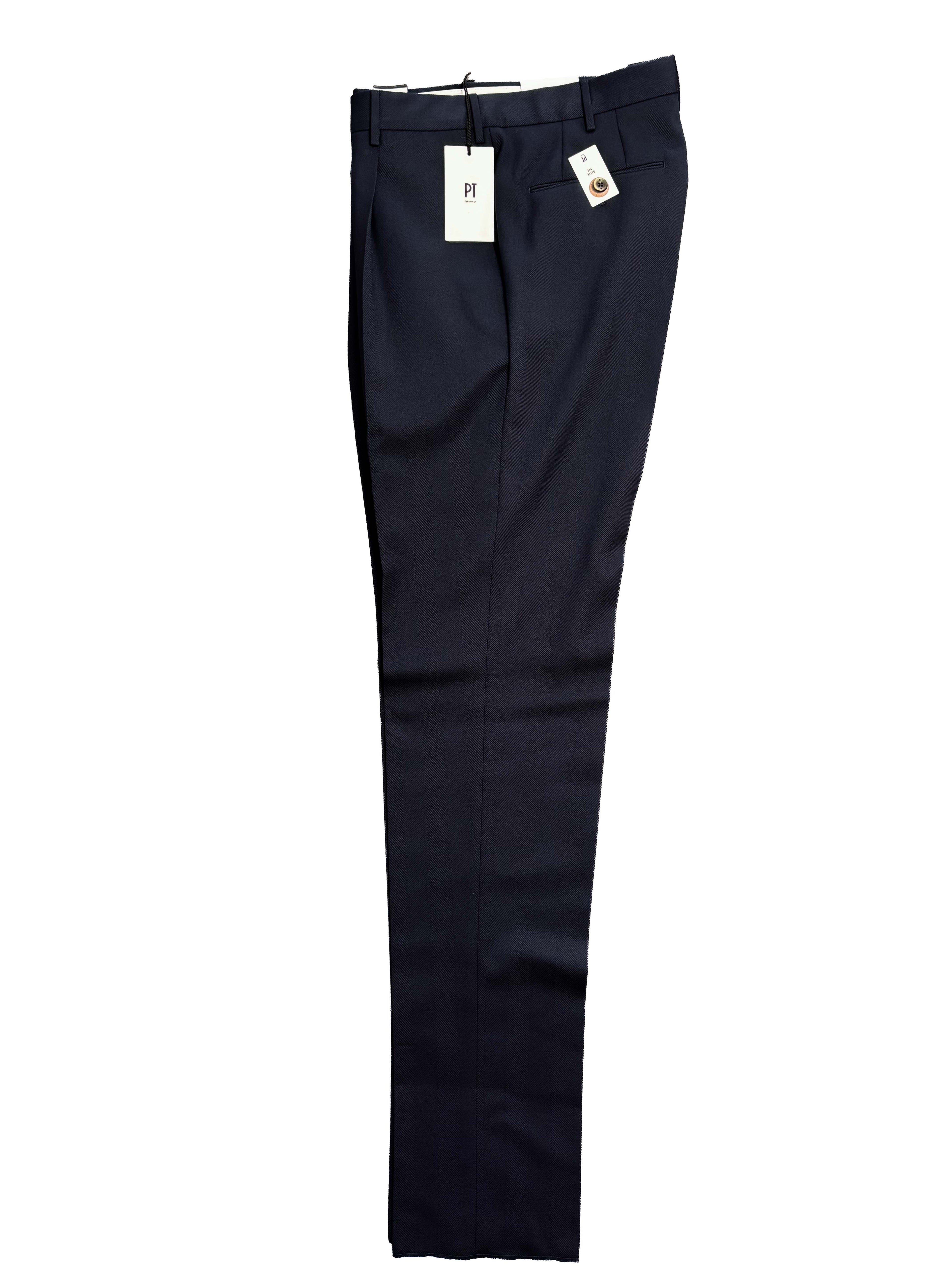 Wool Cashmere Silk Herringbone Trousers - Navy