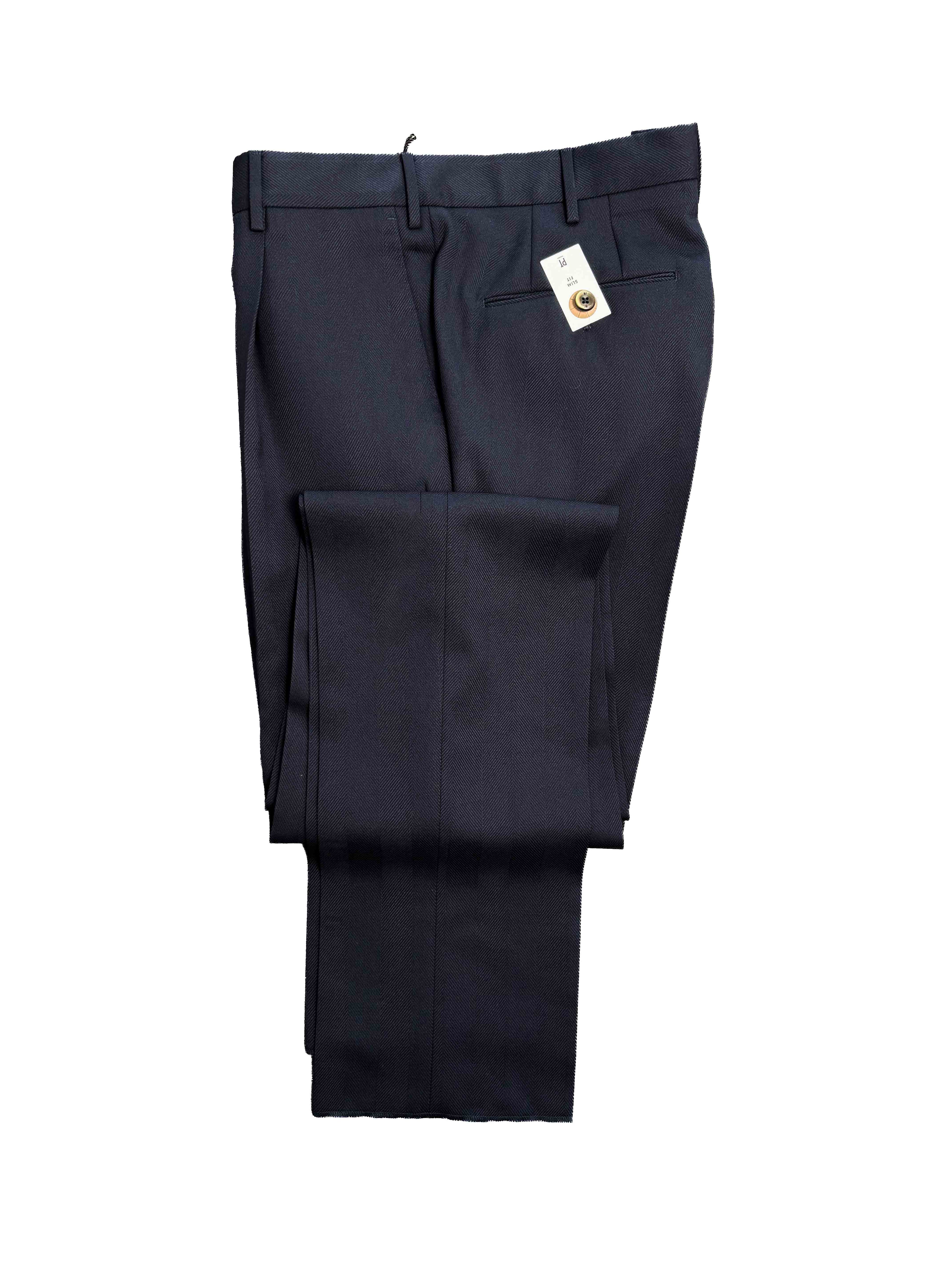 Wool Cashmere Silk Herringbone Trousers - Navy