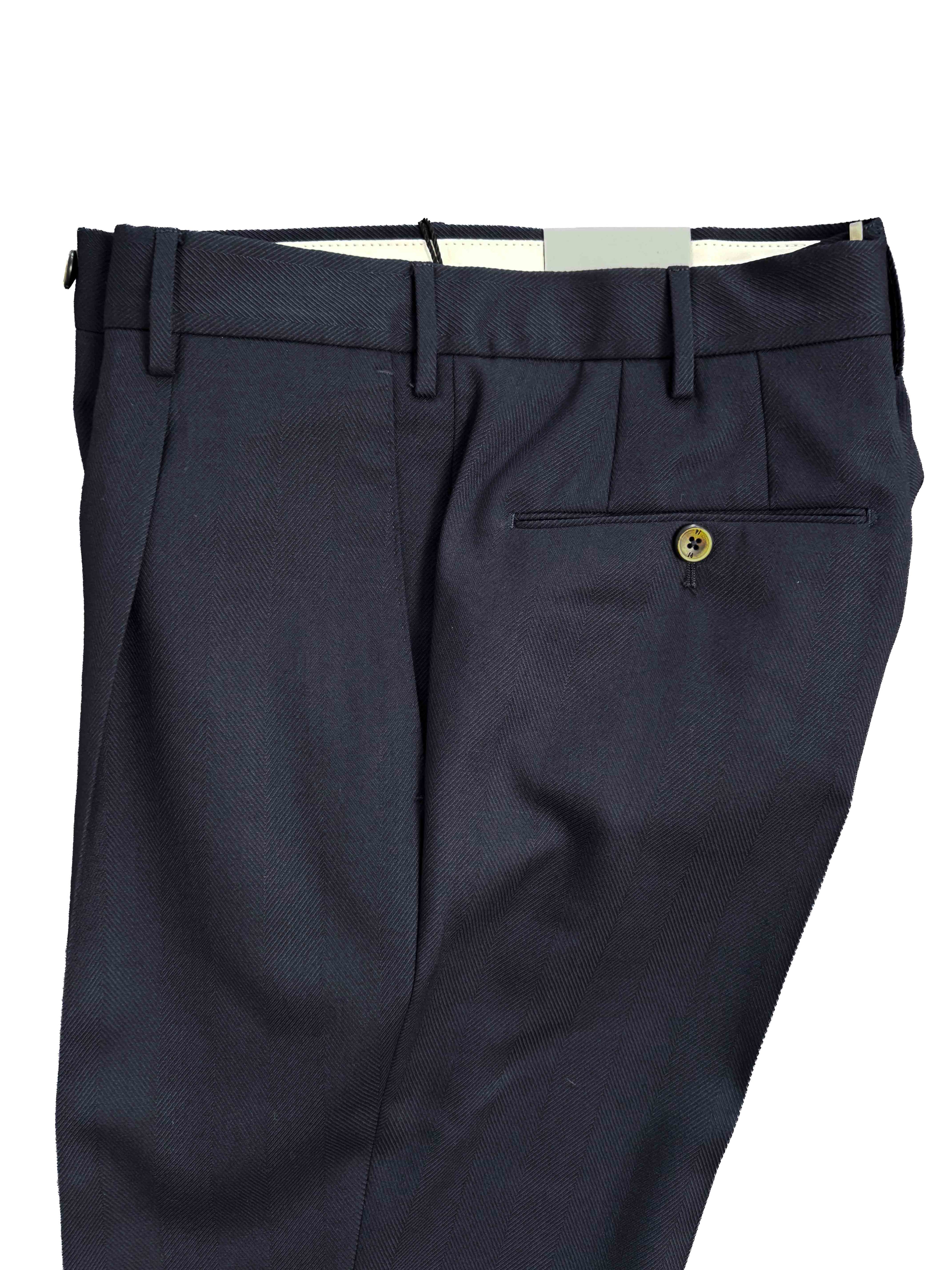Wool Cashmere Silk Herringbone Trousers - Navy