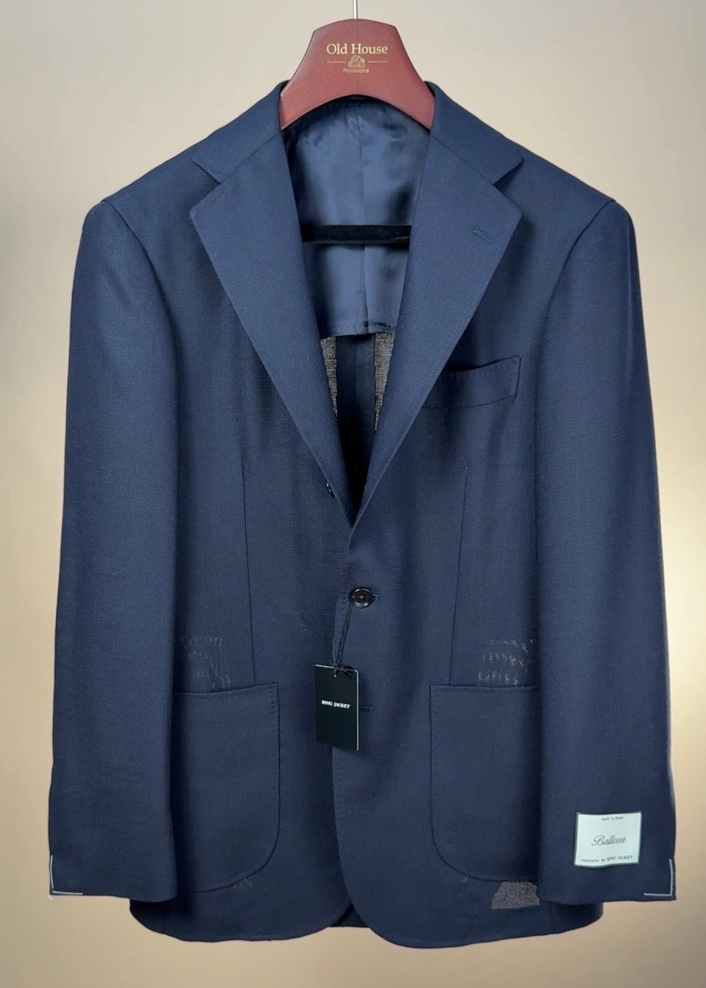 Ring Jacket Balloon Mesh Wool Hopsack Sport Coat in navy, single-breasted jacket with a tailored fit and textured fabric.