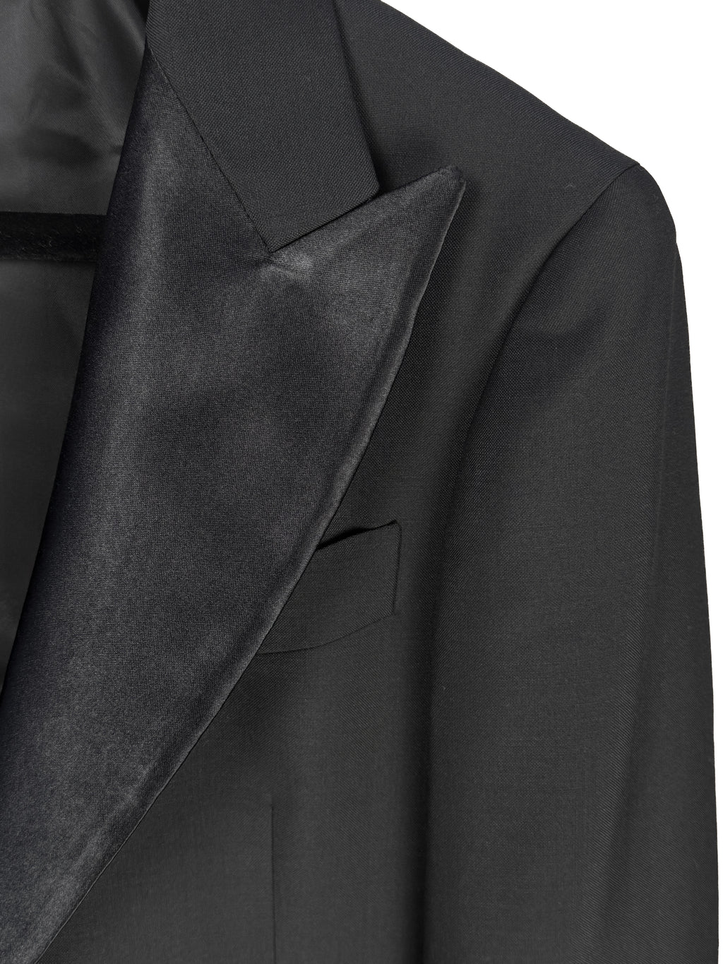 Black wool mohair tuxedo with satin facing by Ring Jacket, showing the tailored jacket with lapels and classic fit.