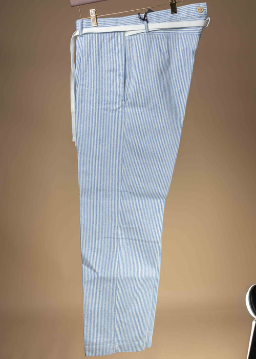 Cohérence Alain blue jaspé striped twill trousers displayed on a hanger, showcasing tailored fit and stylish pattern.