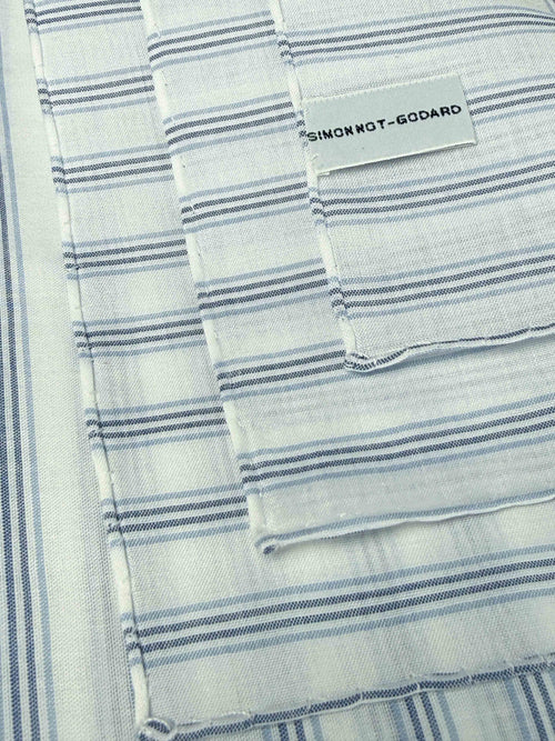 White, blue, and navy striped cotton pocket square from Simonnot-Godard's Archive collection, featuring a classic folded design.