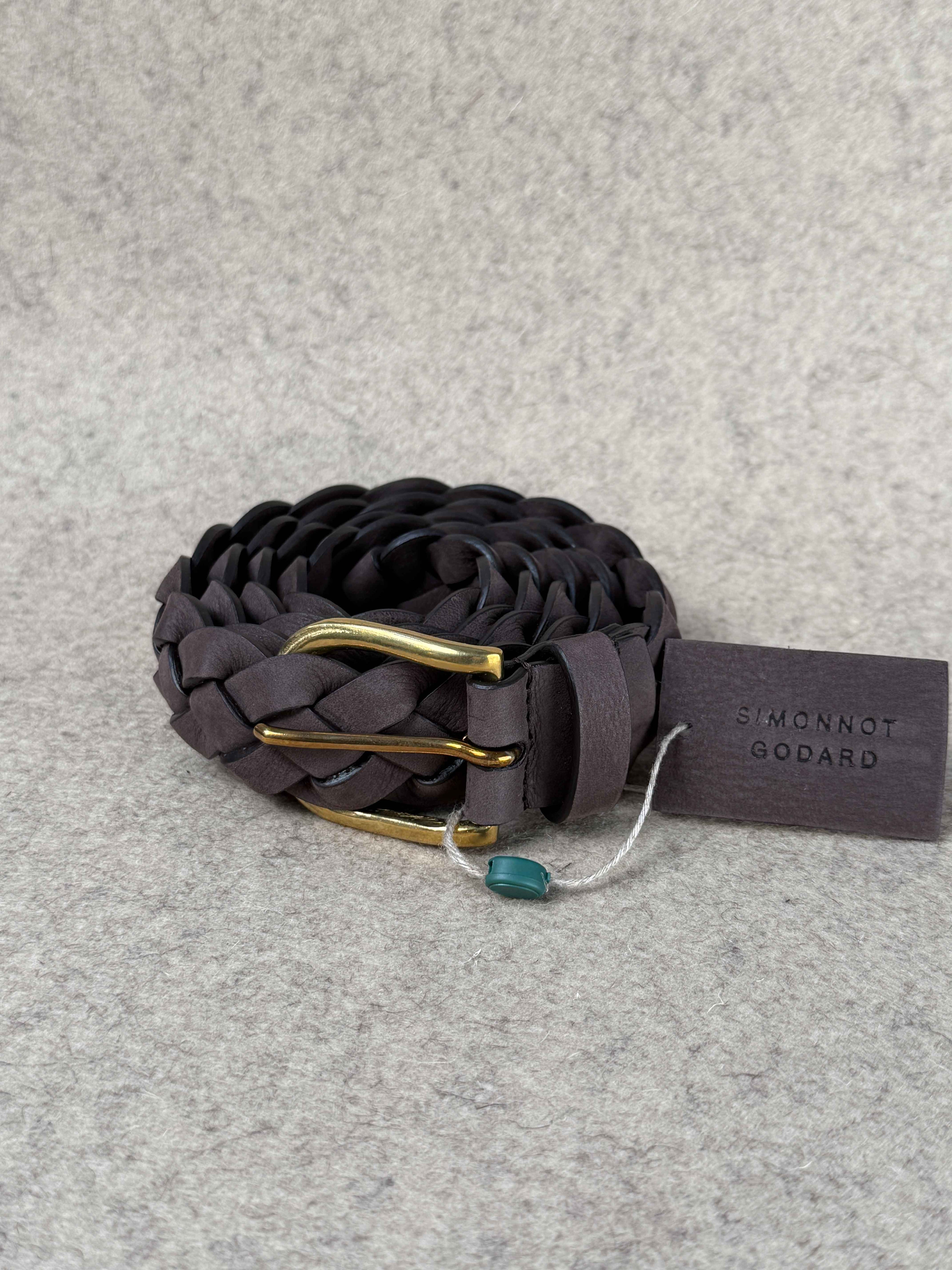 Brown braided nubuck belt from Simonnot-Godard, showcasing its textured design and high-quality leather craftsmanship.