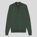 John Smedley quarter zip sweater in Highland Green, showcasing a close-up of the soft, stylish knit fabric and collar detail.