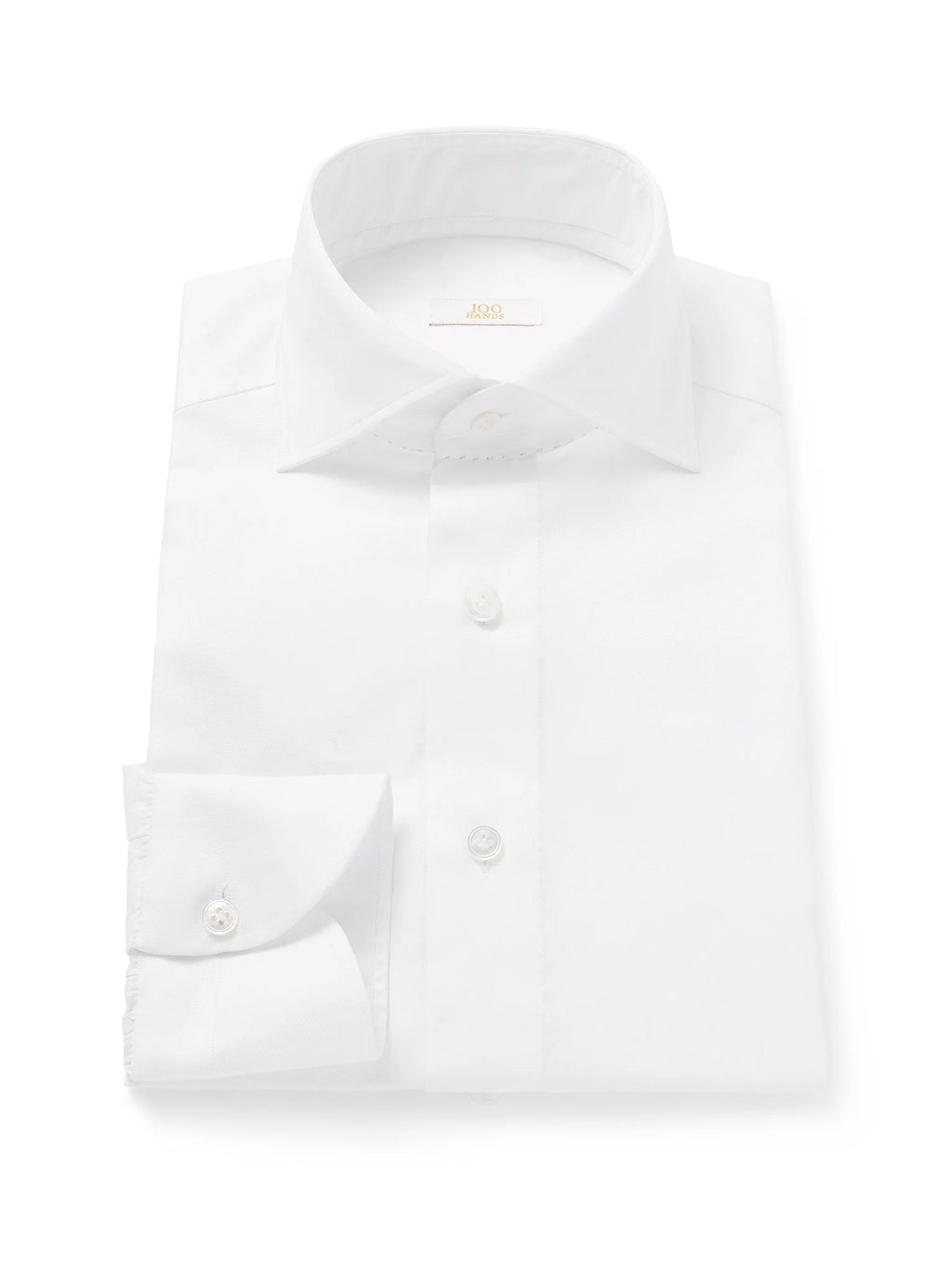 Gold Line White Twill Dress Shirt by 100Hands, featuring a classic collar and button front, displayed on a hanger.