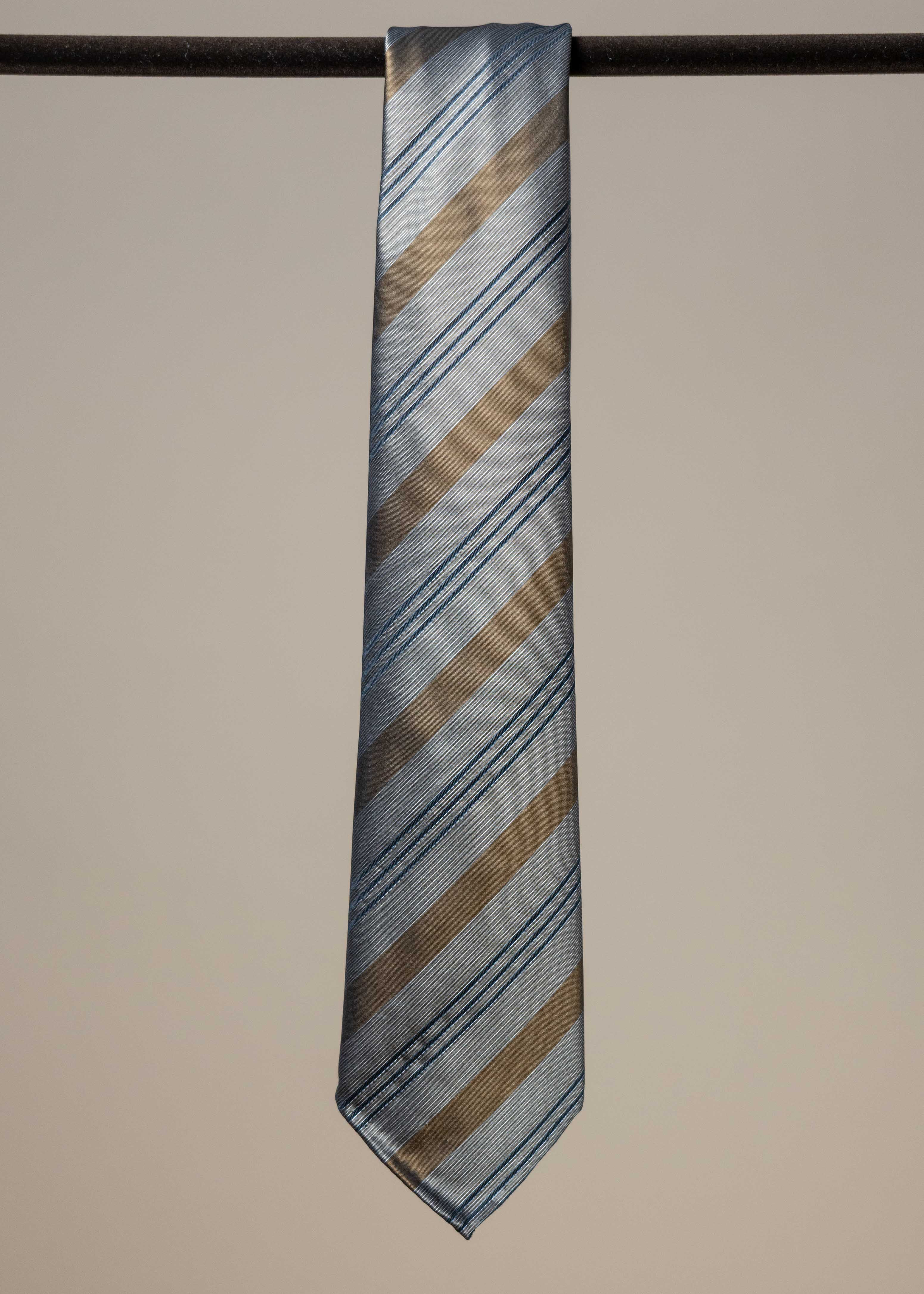 Striped Silk Sevenfold Tie - Gray/Blue/Gold