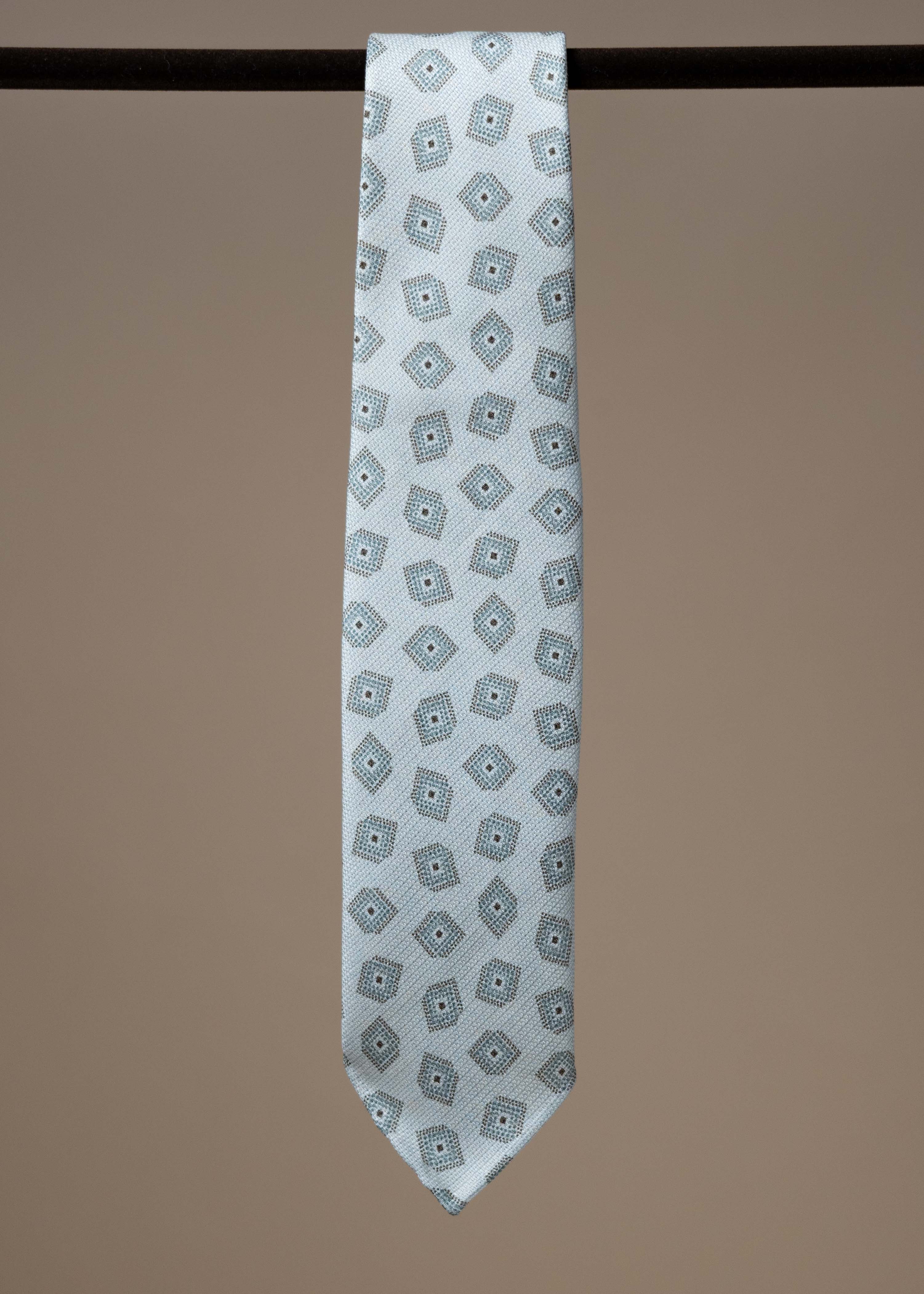 Silk Double Sided Motif Tie - White/Mint