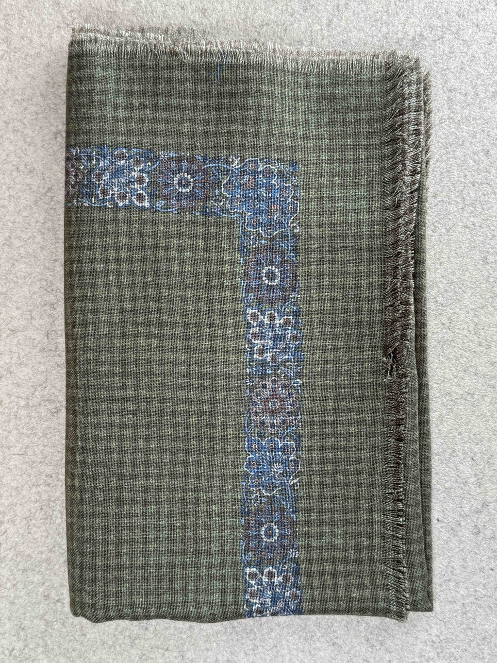 Floral Border Wool Foulard - Olive