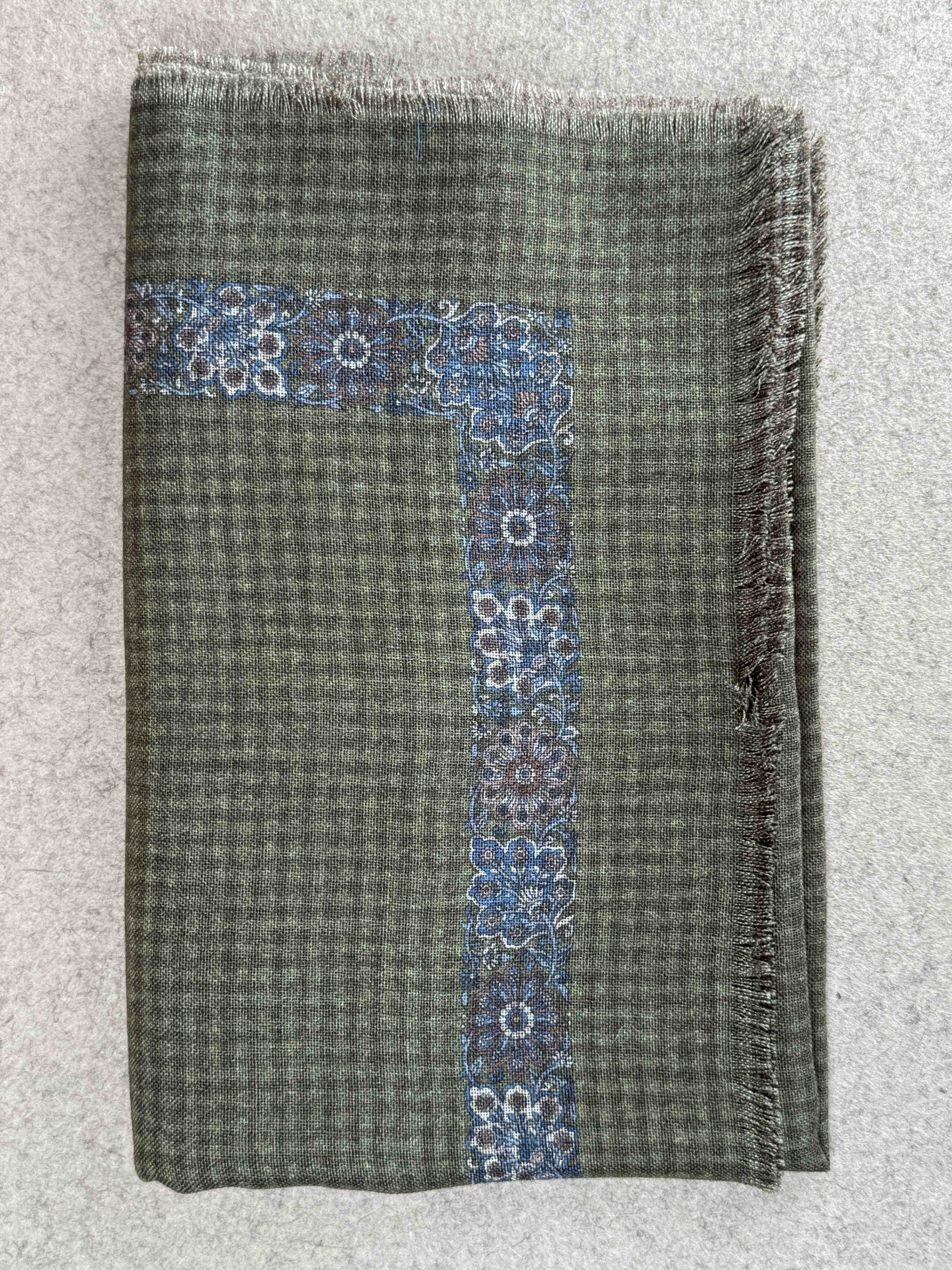 Floral Border Wool Foulard - Olive