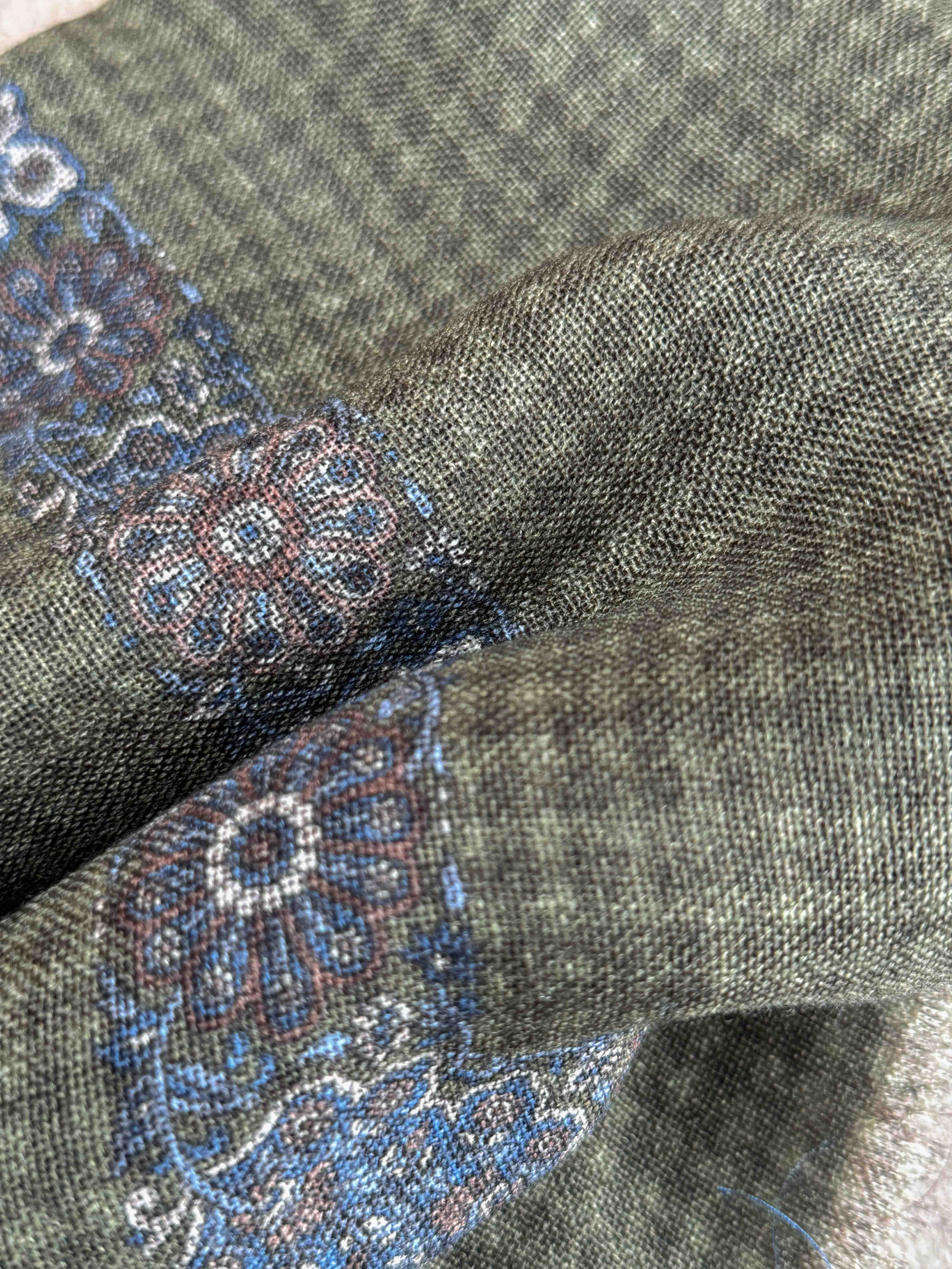 Floral Border Wool Foulard - Olive
