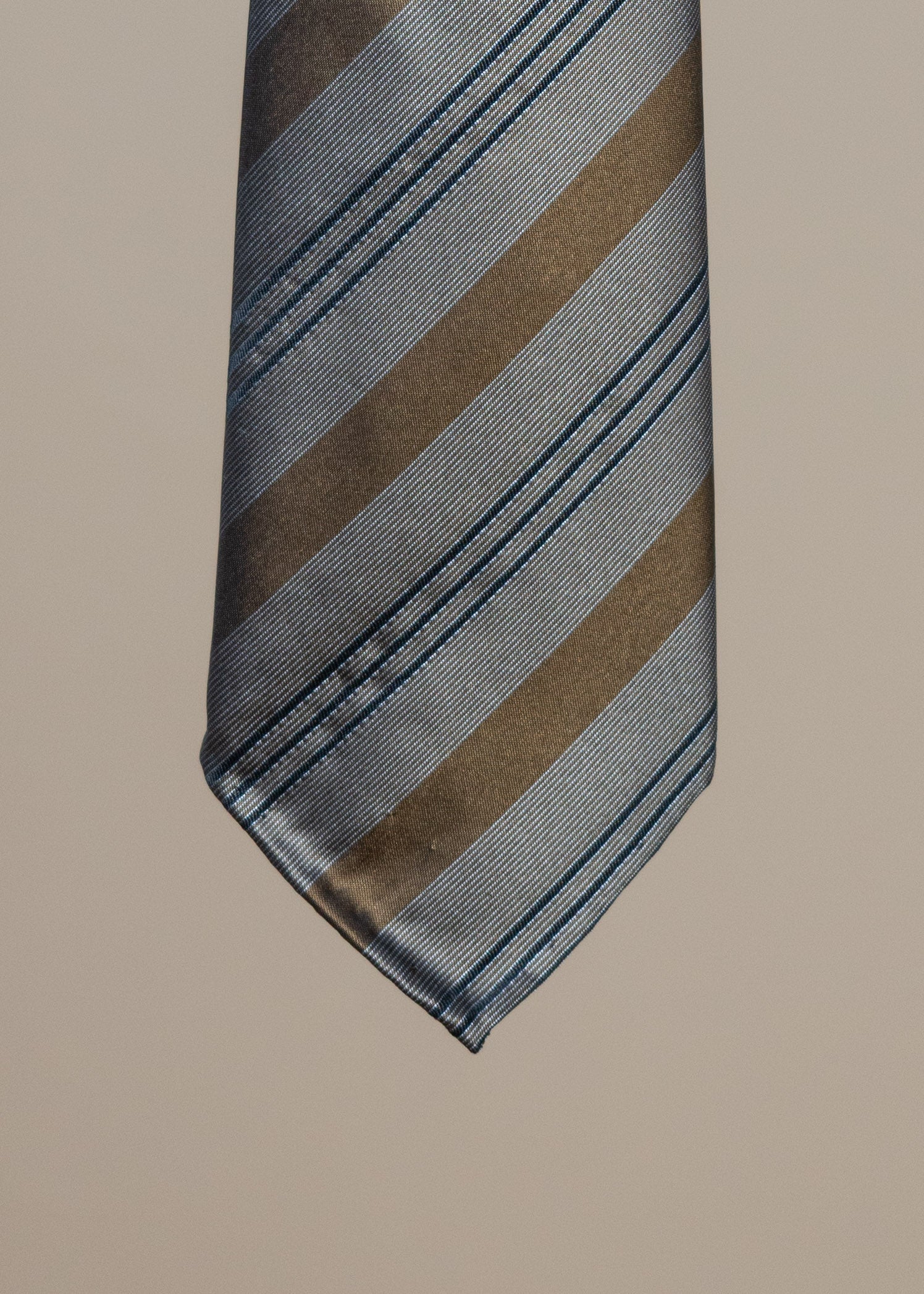 Striped Silk Sevenfold Tie - Gray/Blue/Gold