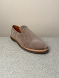 Viberg Bison Janus calf suede slippers showing a soft, tan suede exterior with a cozy slip-on design and sturdy sole.