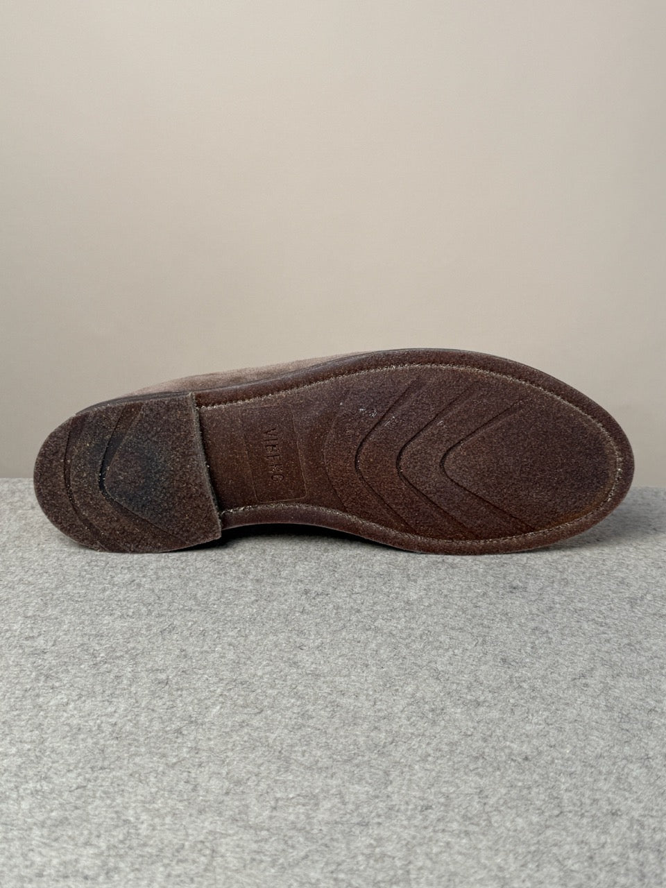 Viberg Bison Janus calf suede slippers with open back design, showcasing soft brown suede material and casual footwear style.