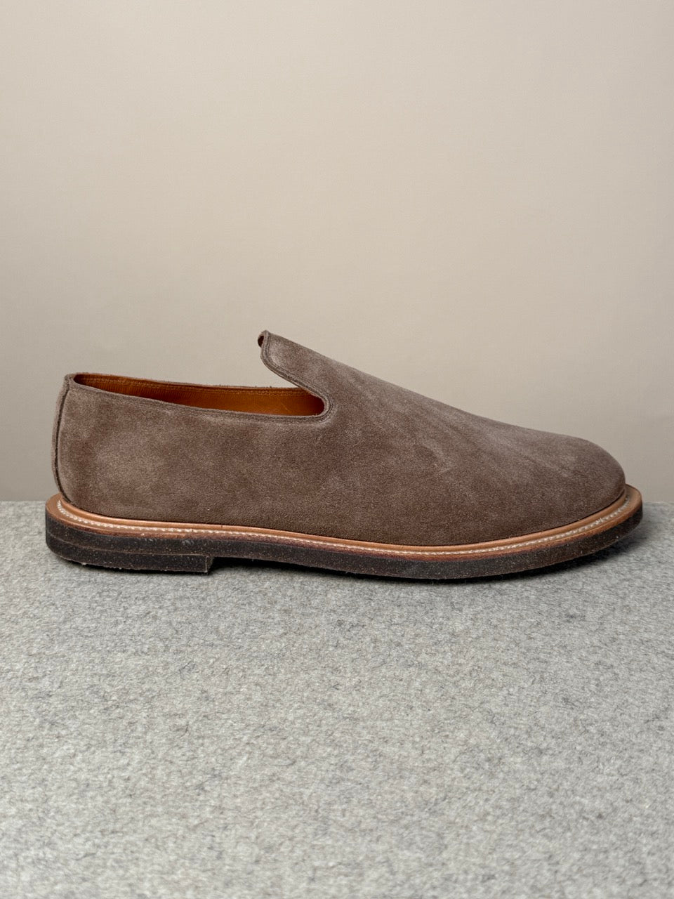 Viberg Bison Janus calf suede slippers, showcasing soft tan suede footwear with a comfortable slip-on design.